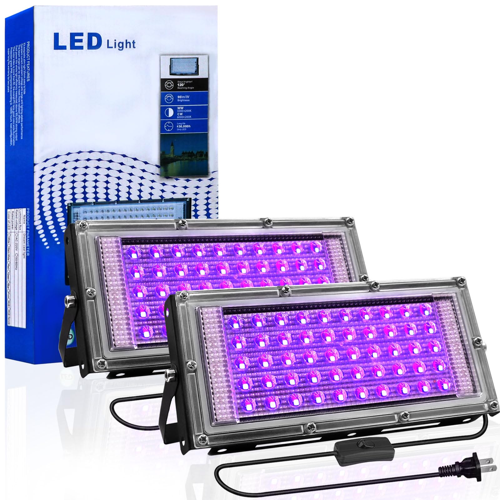 SuiROYI 2 Pack 50W LED Black Light, UV Lamp for Glow Party, IP65 Waterproof Floodlight