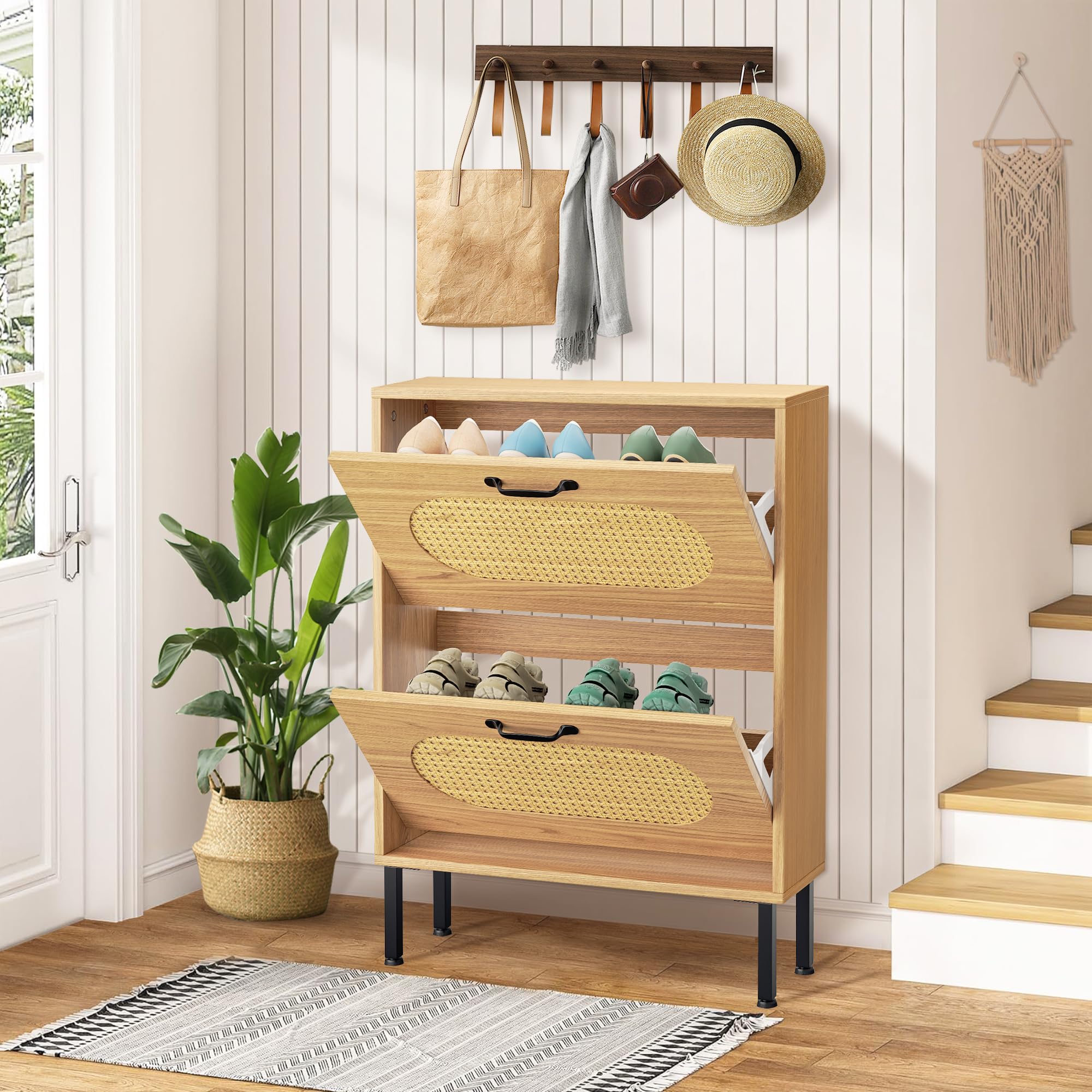 Crownland Shoe Cabinet, Shoe Storage Cabinet with 2 Flip-Out Drawers, Modern Two-Tier Shoe Rack Cabinets for Entryway, Hallway, Living Room(Wood)