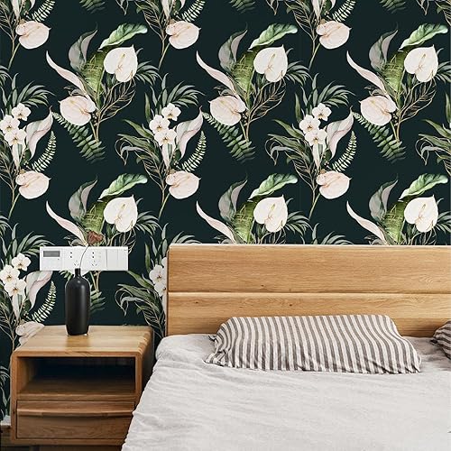 Miniatura 2 de Papel tapiz de hojas verdes tropicales, papel tapiz floral para despegar y pegar, papel de contacto negro, papel de contacto extraíble, bohemio,