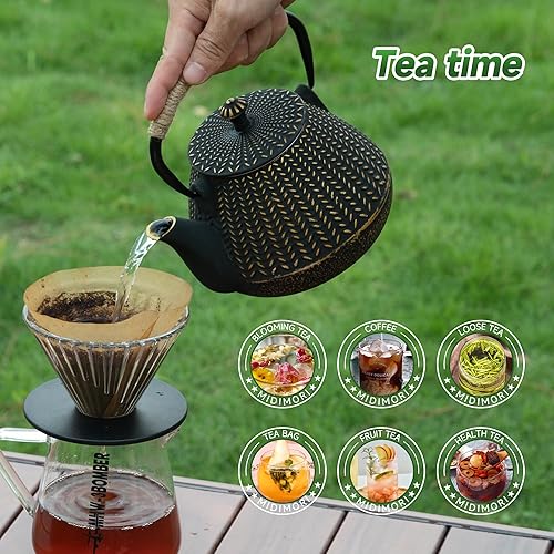 Miniatura 8 de MIDIMORI - Tetera de hierro fundido con clip para tapa de tetera, estufa japonesa de hierro fundido recubierto con interior esmaltado, tetera con