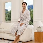 Vulcanodon Mens Robe Lightweight Striped Kimono Bathrobe, Soft Long Sleeve Knee Length Sleepwear