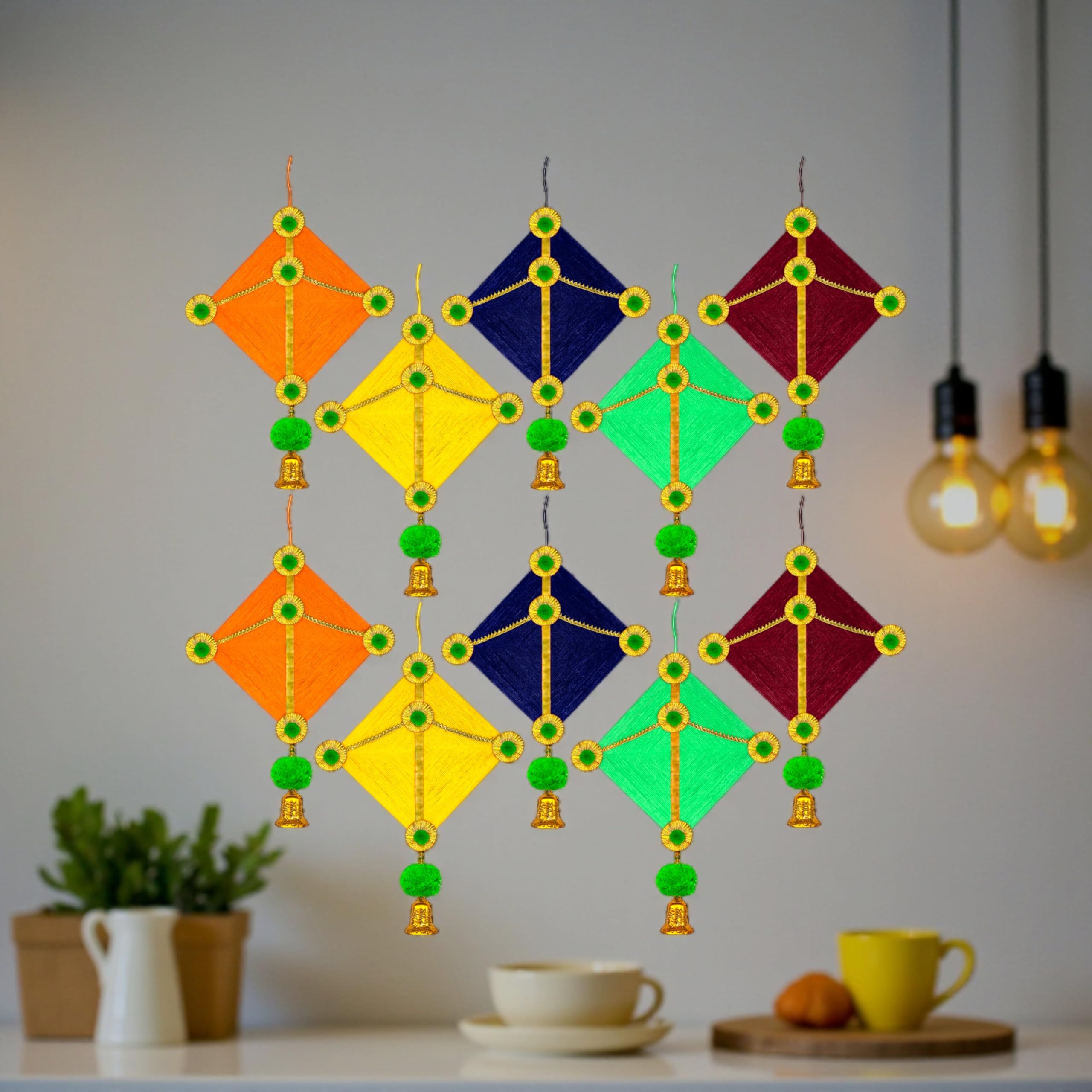 iHandikart Handmade Woolen Kite Hanging Décor Set of 10 Colorful Kite Wall & Window Decoration for Makar Sankranti & Lohri Festive Home & Housewarming Decor 17×12 Inch (IHK-HV35006-10)