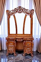 Antique Wooden Dressing Table Mirrorless, Brown Finish, Carved Legs, Multiple Drawers, Vintage Style (Teak 2)