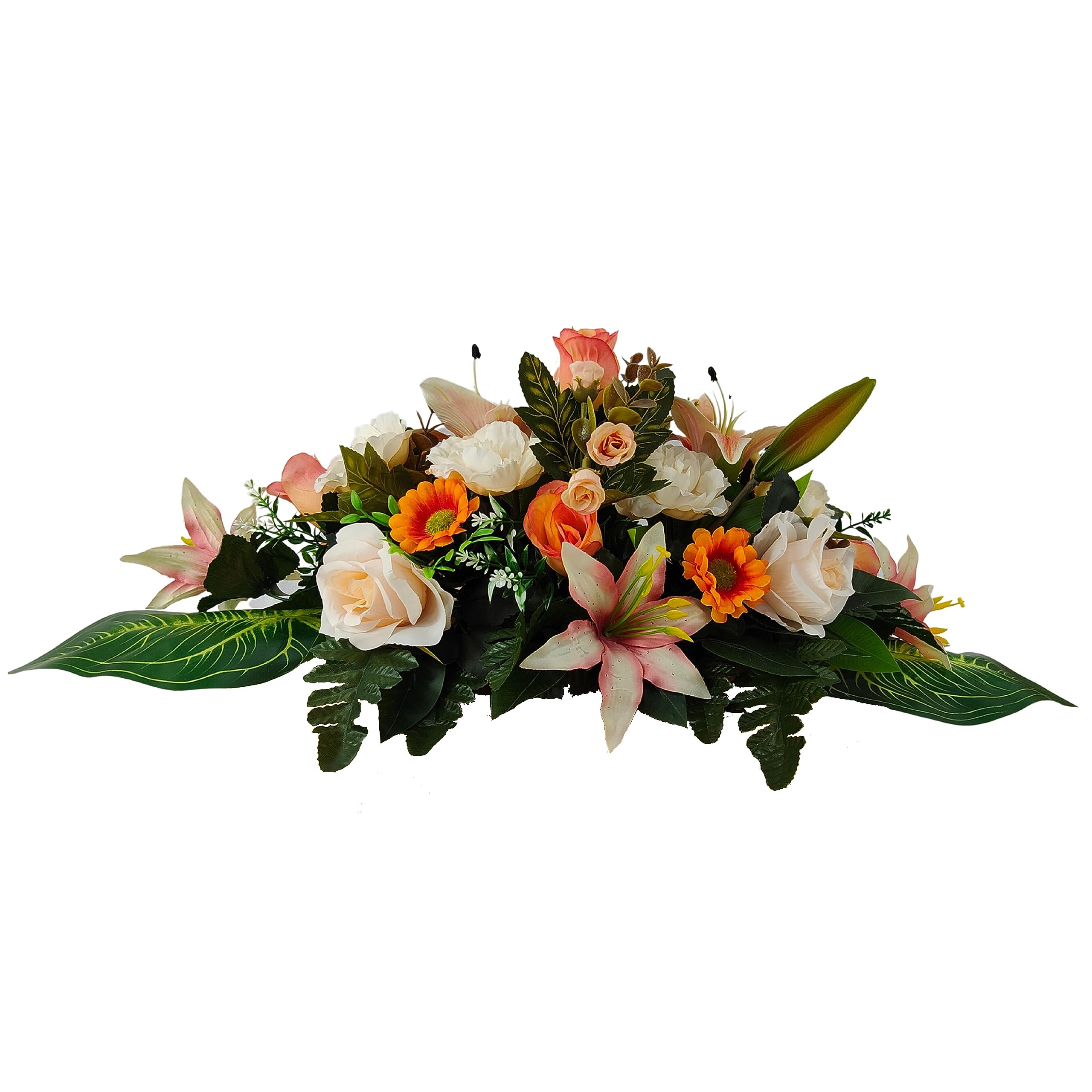DRW Centro Flores Artificiales Cementerio, Santos, Iglesias, Aniversarios, Ceremonias, Bodas Naranja Salmon y Blanco con liliums, Rosas y Margaritas 75x24x30 cm