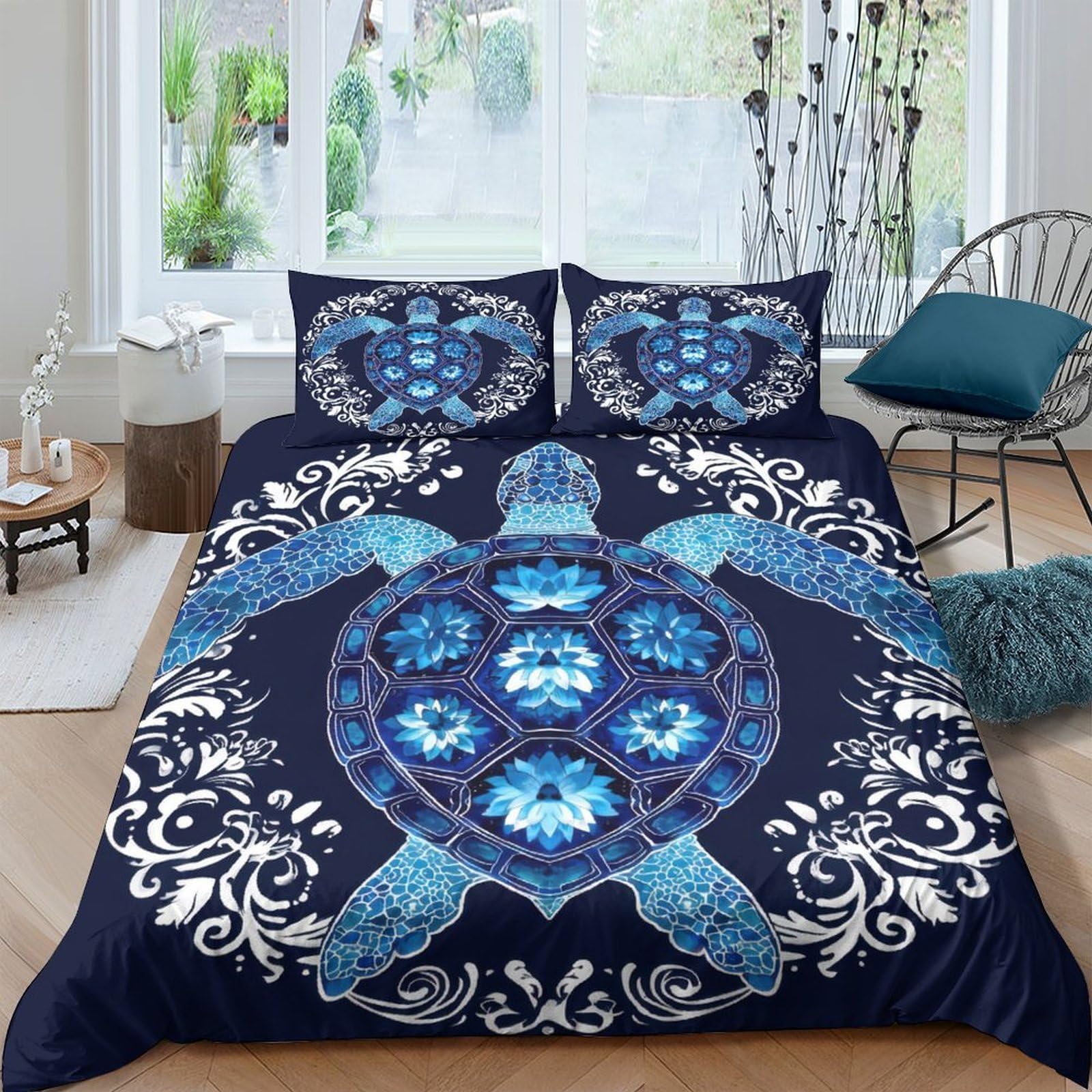 Ctjqhvkz Style-10 3D Printed Blue Turtle Fitted Sheet Microfiber Soft Breathable Ocean Mandala Mattress Cover For Bedroom Guest Room Decor Single（135X200cm）
