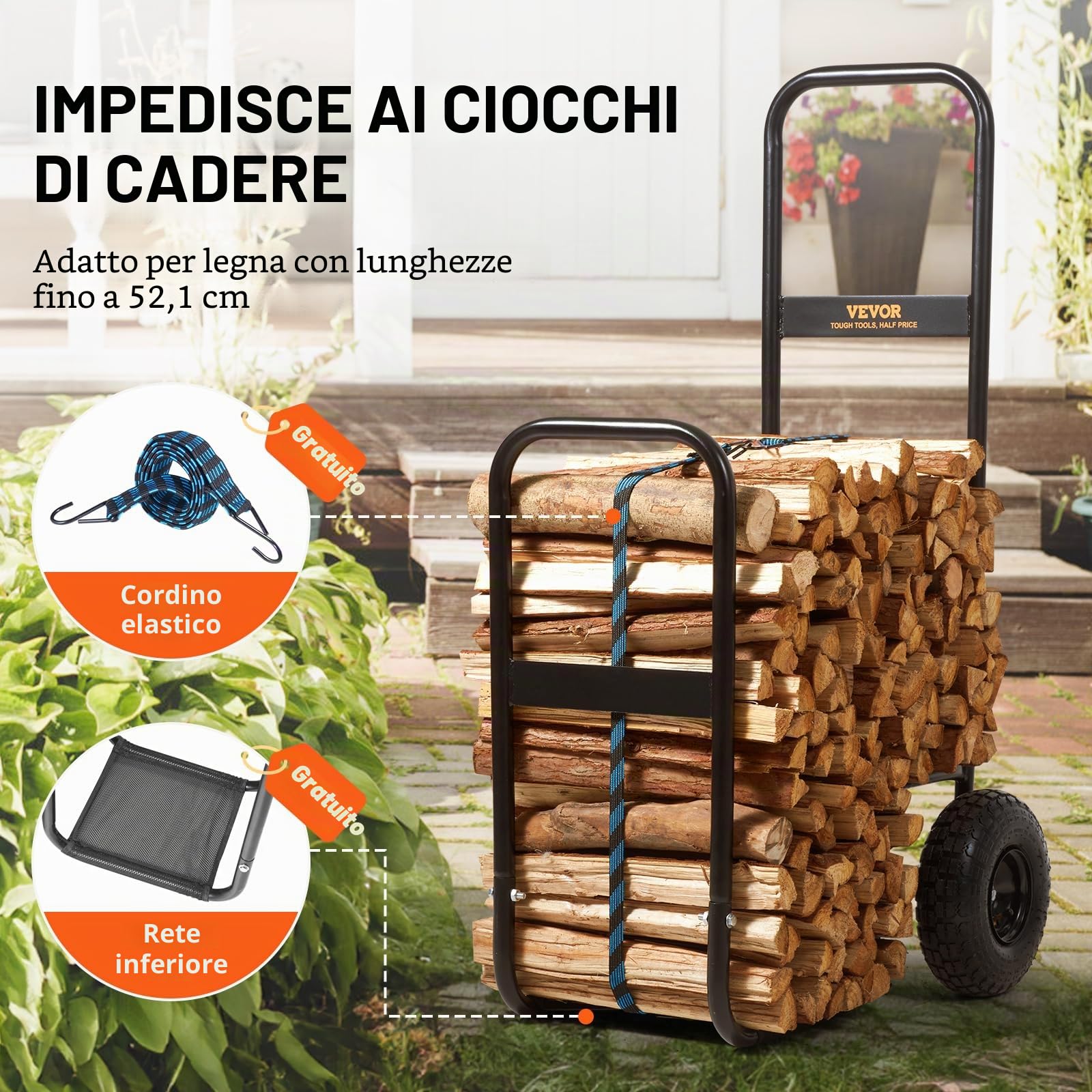 VEVOR Carrello per legna da ardere, 113,4 kg, per esterni e interni, con ruote pneumatiche, trasportatore in acciaio resistente, supporto per camino