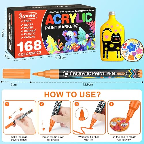 Lyuvie 168 Couleur Feutres Acryliques,Marqueur Peinture Acrylique avec Pointe Extra Fine de 0,7 mm,Permanent Stylo Peinture Acrylique pour Textile Galets Verre Métal Tissu Bois Céramique - 8