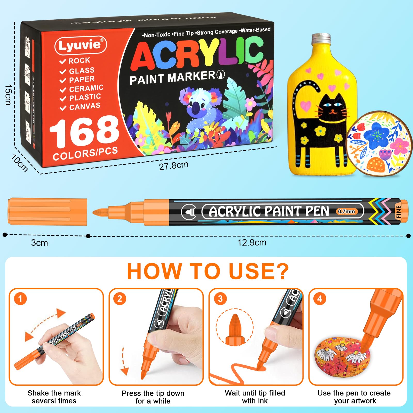 Lyuvie 168 Couleur Feutres Acryliques,Marqueur Peinture Acrylique avec Pointe Extra Fine de 0,7 mm,Permanent Stylo Peinture Acrylique pour Textile Galets Verre Métal Tissu Bois Céramique