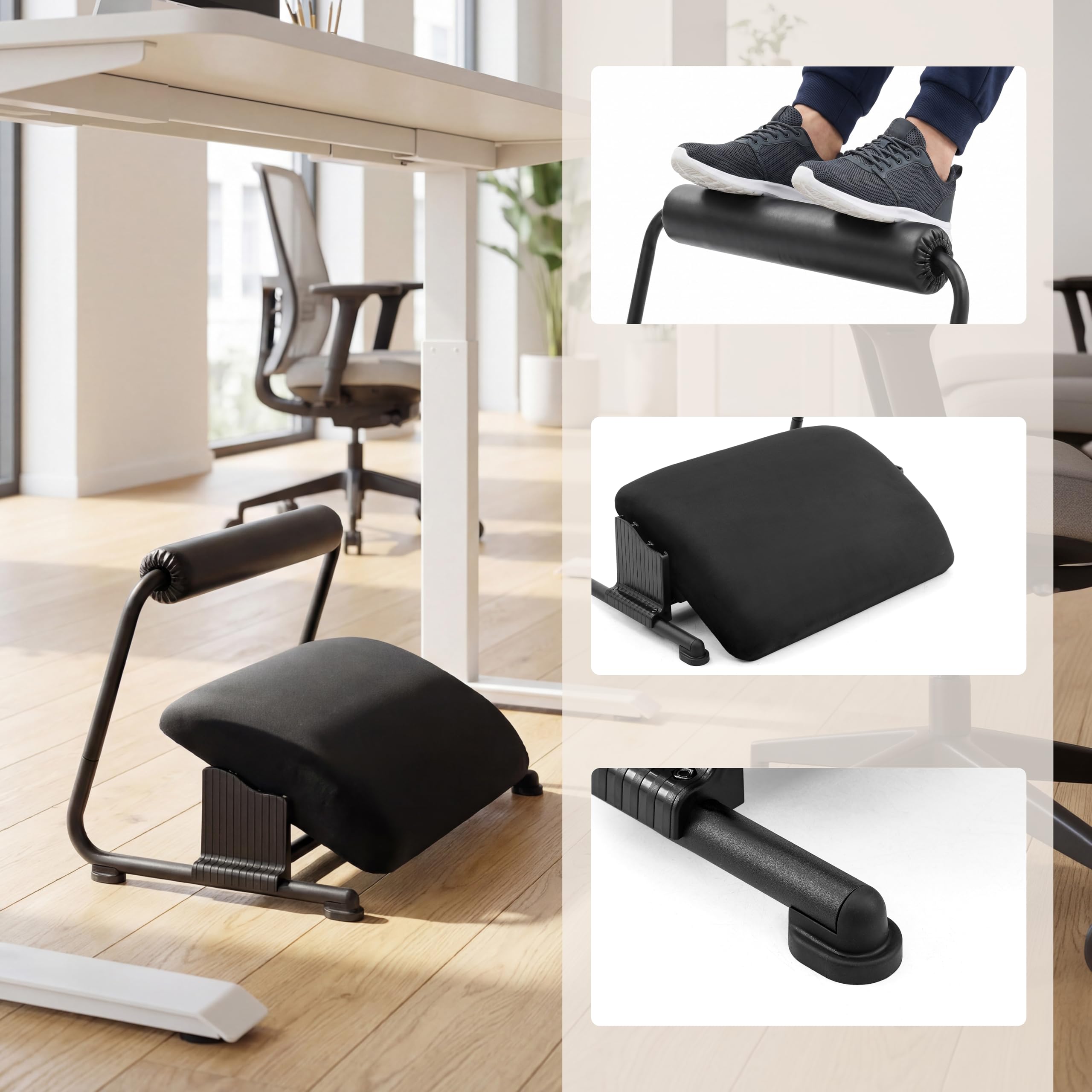 hjh OFFICE Fußablage Podi Velvet Schwarz – Ergonomische, höhenverstellbare Fußstütze mit neigbarer Fußplatte, gepolsterter Beinablage für bessere Durchblutung