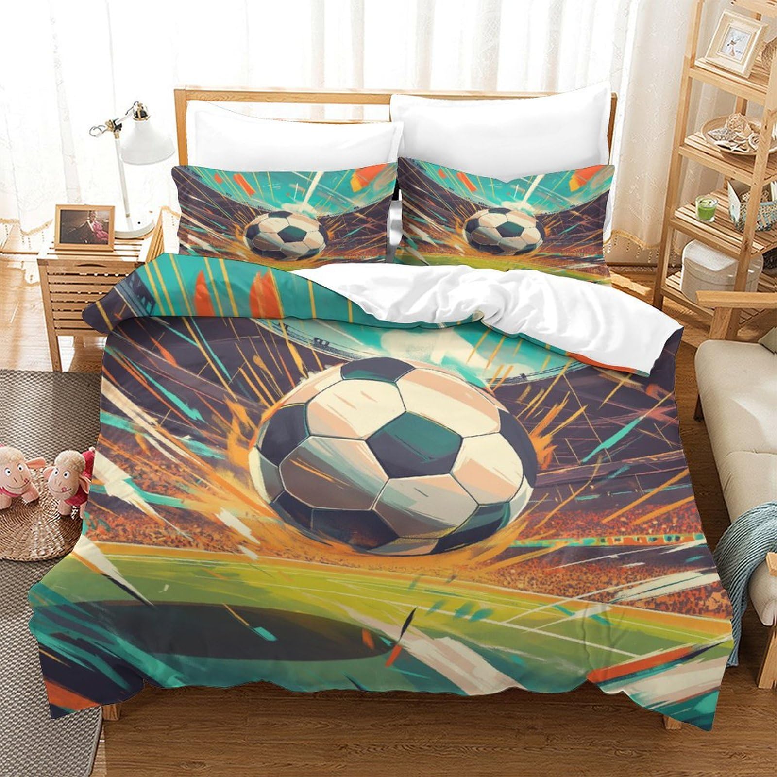 Wxlwhr Boys Football Duvet Cover Sets Soft Microfiber 3 Piece 3D Printed Bedding Sets Soccer Field Football Comforter Cover With Pillow Cases For /Girls Kids Single（140X200cm）