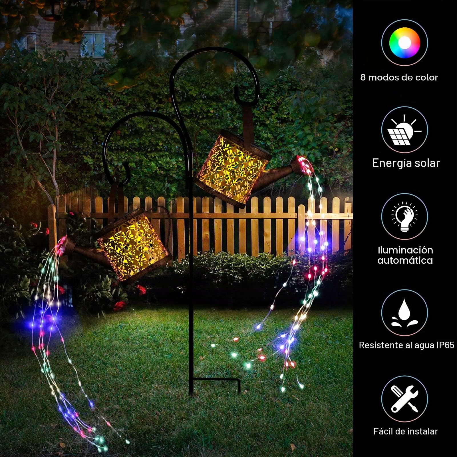 K KERNOWO Luz solar para regadera, paquete de 2 adornos de jardín, decoración al aire libre, regadera, luces solares IP65, impermeable, iluminación de camino de metal con cadena de luces y gancho de