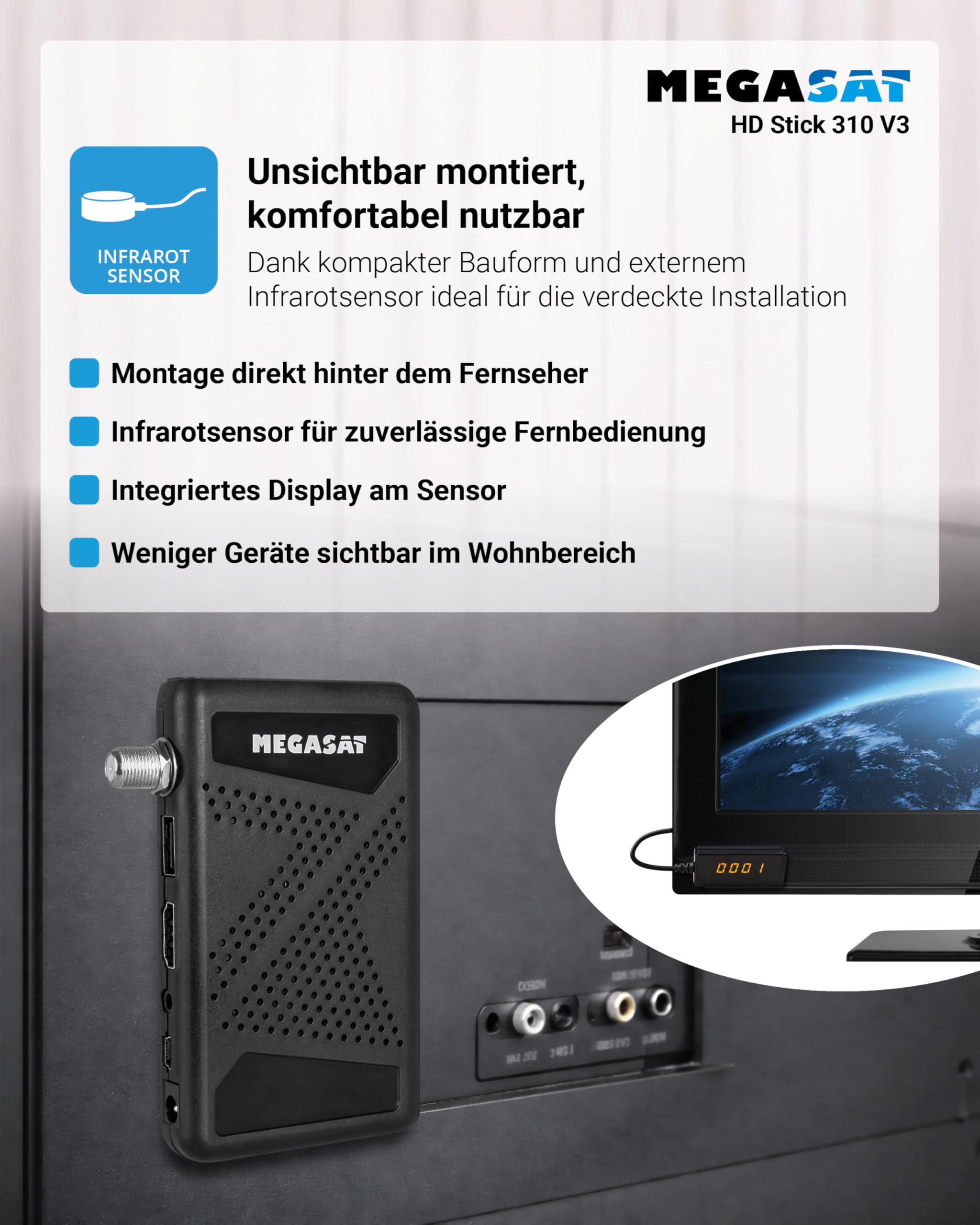 Megasat HD Stick 310 V3 – HD-Sat-Receiver, für versteckte Montage – Schwarz | Nur 10,8 × 1,8 × 6,5 cm, klein & kompakt, 2 × USB für Medienwiedergabe, Infrarotsensor