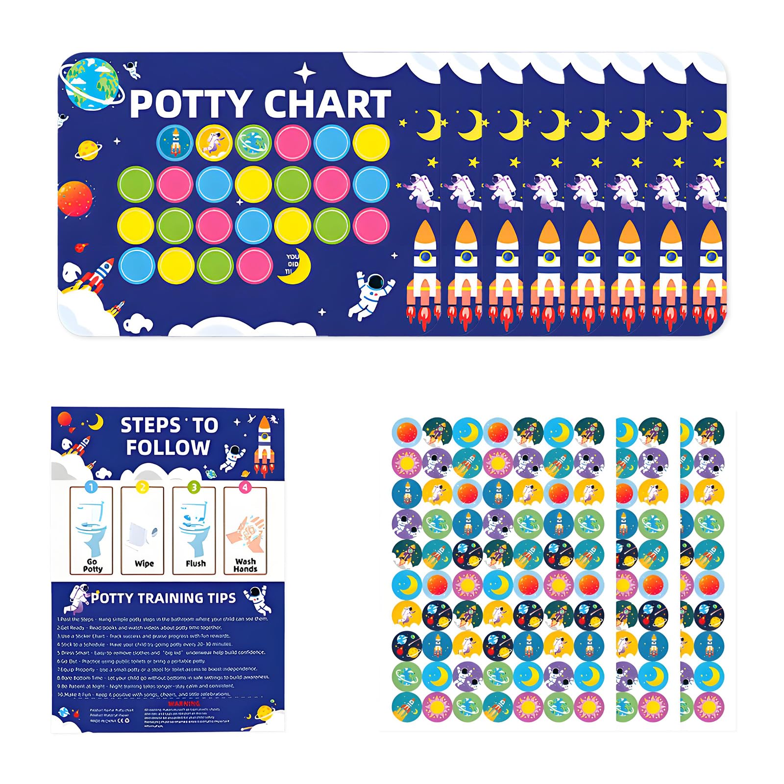 12 Pcs Potty Training Reward Chart with 210 Stickers Toilet Training Sticker Chart for Toddlers Fun & Motivational Space Pattern Wipe-Clean Easy to Use Ideal for Home & Preschool