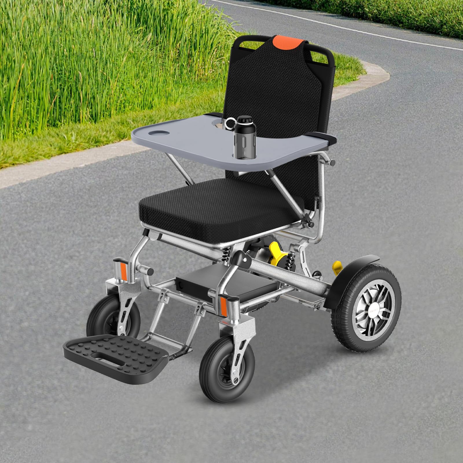 Rollstuhltisch abnehmbar, Rollstuhl Tablett mit Getränkehaltern, ABS Ess- und Arbeitstablett, Anti-Rutsch, einfache Befestigung, für Senioren, Pflege, Mobilitätshilfe, 58 × 53cm