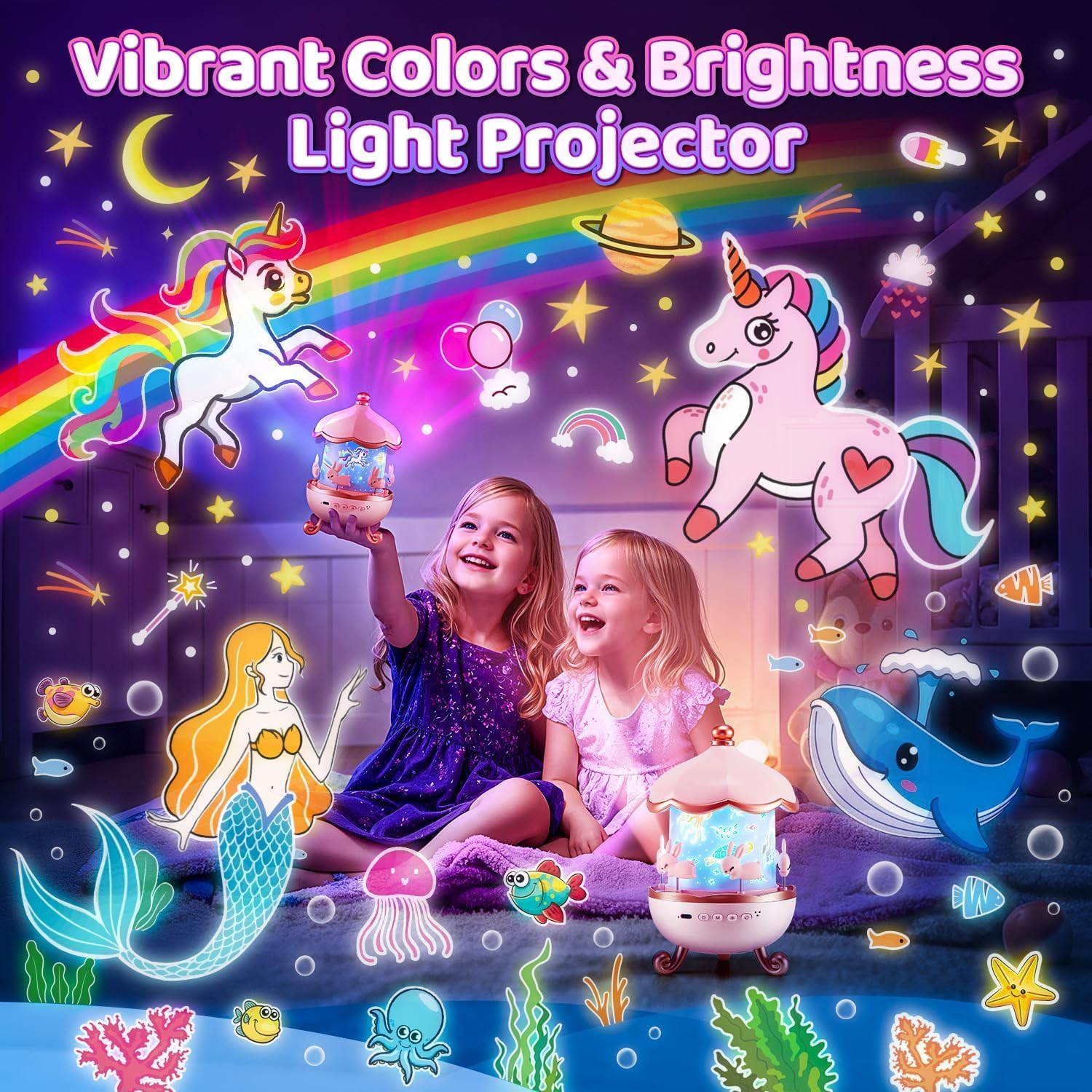 EYUVAA LABEL Abs Bunny Night Light Projector, 360° Rotatable 6 Films Shade Rechargeable LED Night Light Lamp for Kids Room, Nursery Room Décor (Light Projector), Battery Powered, 5 Volts, Pink 2