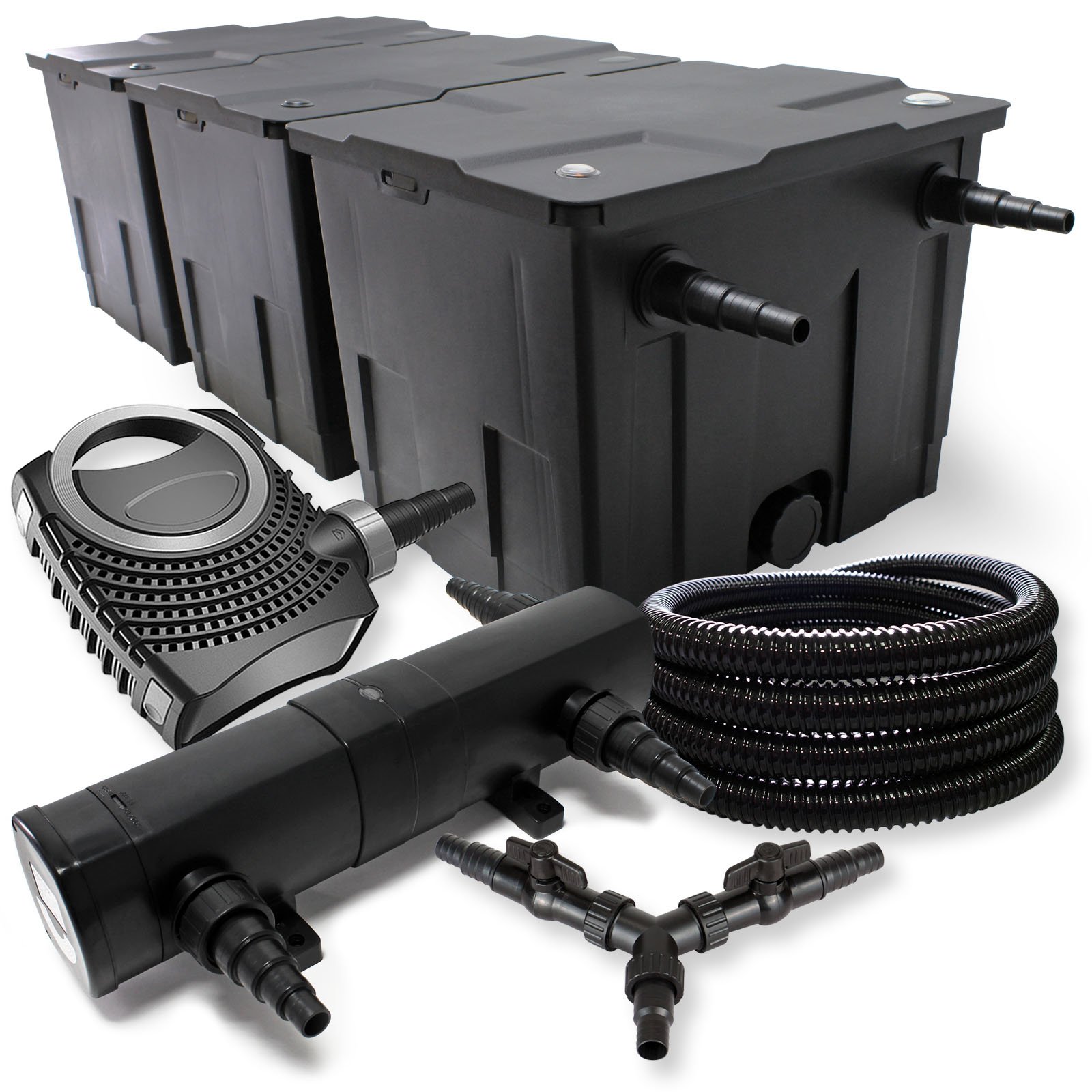 SunSun Komplettset: CBF-350C Teichfilter bis 90000 L Teichfilteranlage Durchlauffilter, NEO10000 Teichpumpe 10000l/h 80W, CUV-236 Teichklärer UVC Klärer mit 36W, 25m Teichschlauch 25 mm, Y-Verteiler
