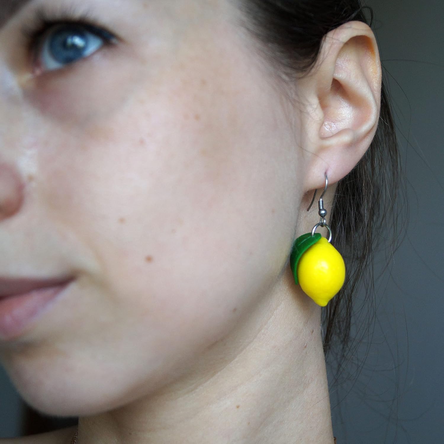 Lemon Earrings Fruit Bright Yellow Green Citrus Summer Jewelry Stainless Steel (M size 1.8 inch long)