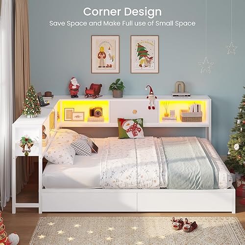 Miniatura 3 de DICTAC Marco de Cama de Esquina Completo con Cajones de Almacenamiento, Cabecera de Estantería y Estación de Carga, Marco de Cama Esquinero