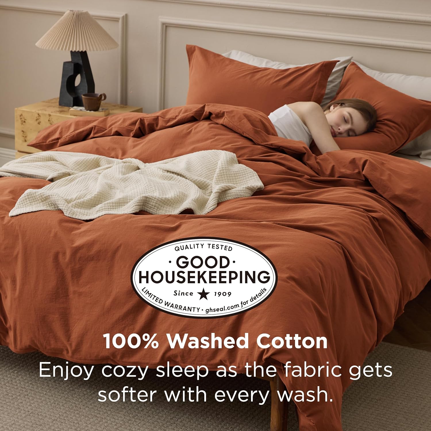 Bedsure 100% Washed Cotton Duvet Cover Queen Size - Burnt Orange Minimalist Bedding Set Linen Like - PureWoven Plain Simple & Soft Comforter Cover for All Seasons (Burnt Orange, Queen, 90"x90")