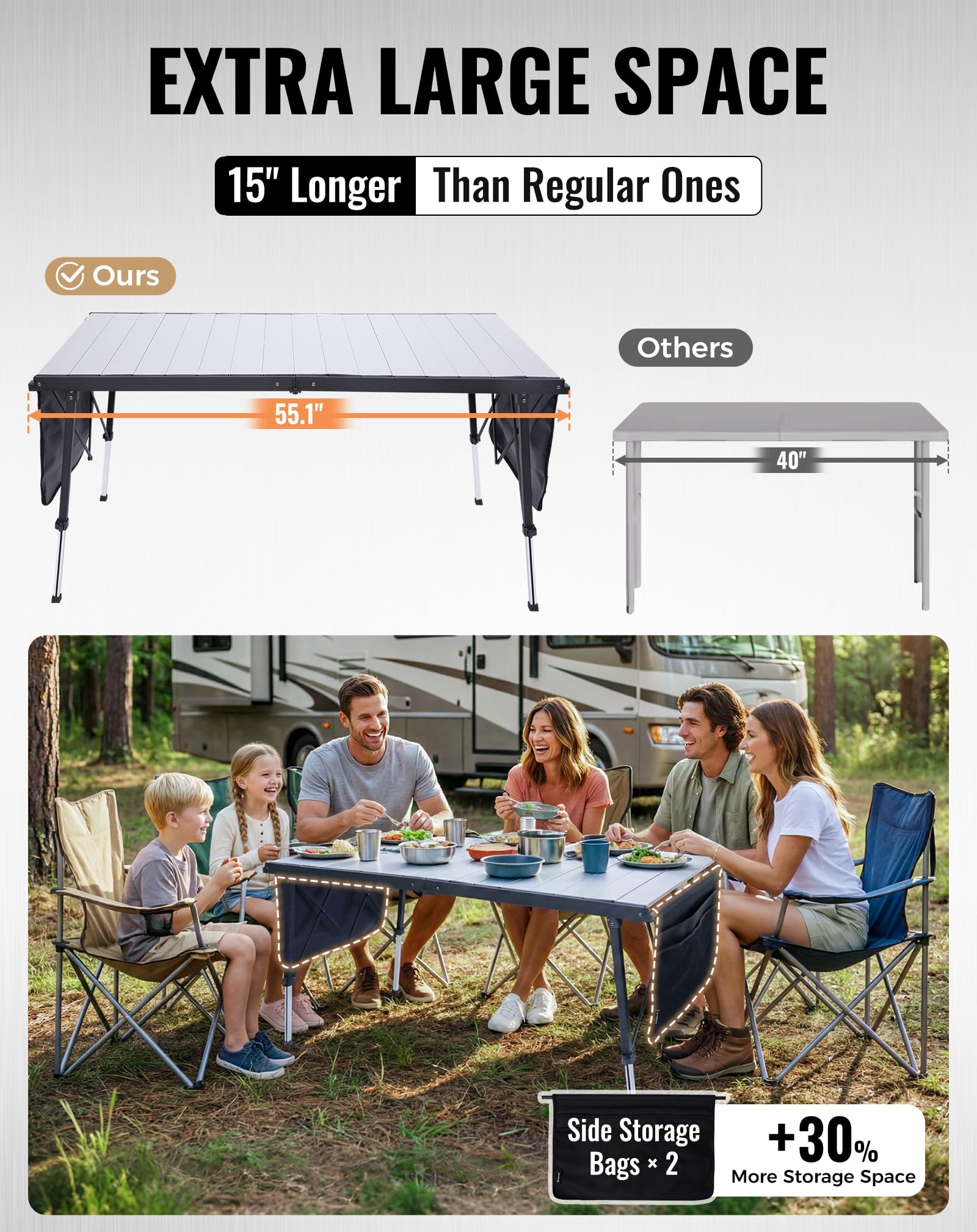 KingCamp Table de Camping Pliable Extra Large Réglable en Hauteur, 140x70cm 48-70cm avec Poches de Rangement, Légère & Stable pour Jardin, Balcon & Extérieur