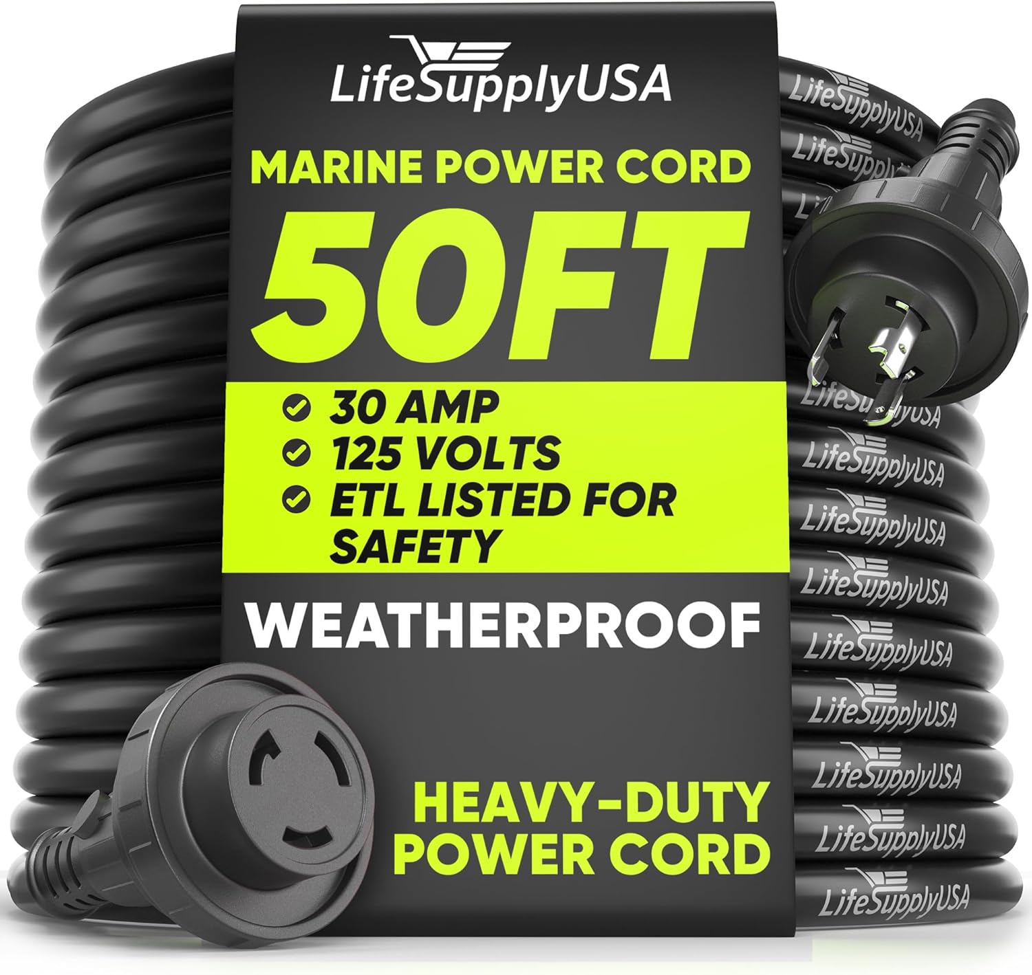 15FT Marine Shore Power Cord 30 Amp, NEMA L5-30P to L5-30R Twist Lock, 125V 10AWG SJTW Extension Cable with Lighted Connector, ETL Listed for Boat RV Dock by LifeSupplyUSA
