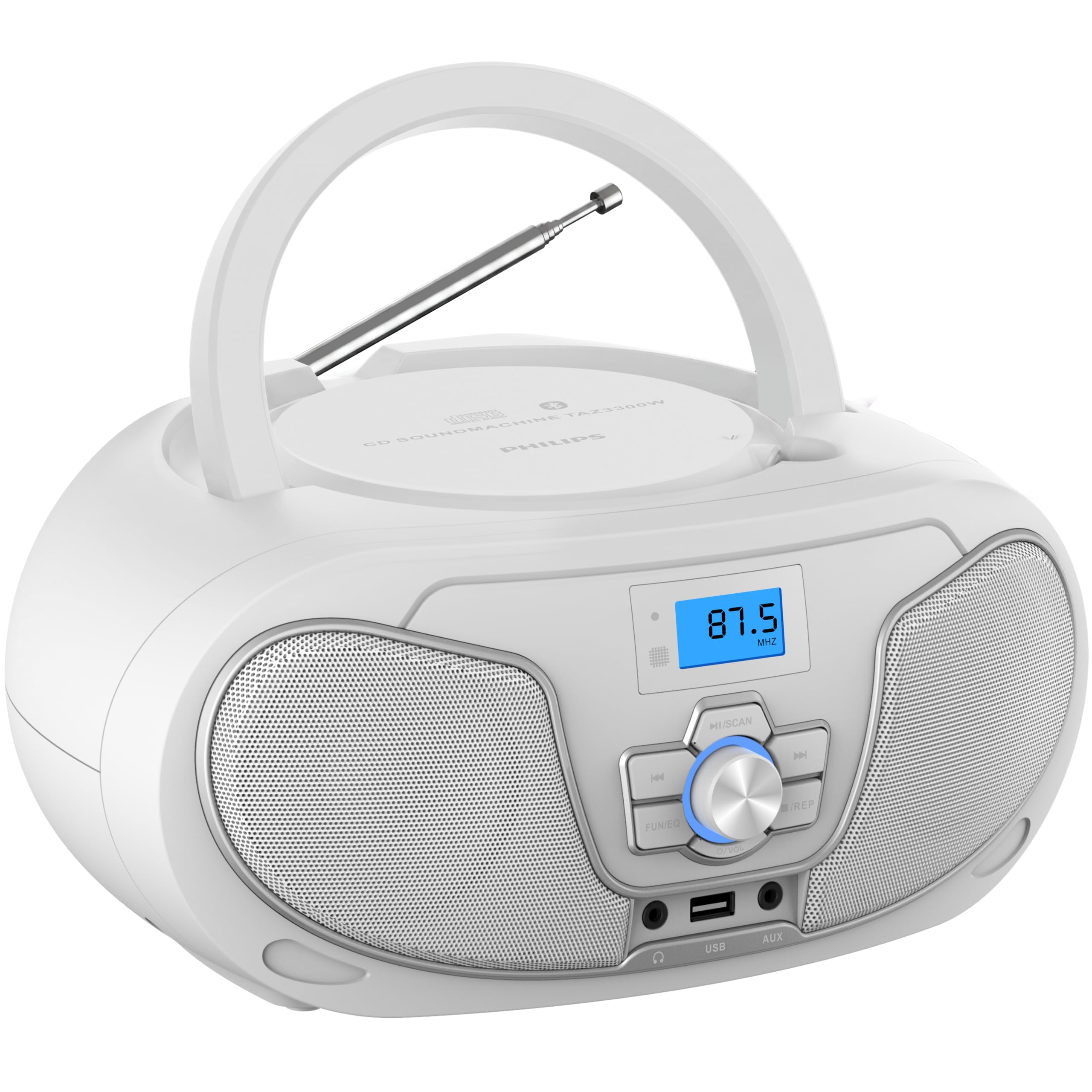Philips CD Player Boombox, Dynamic Bass Boost with Bluetooth, FM Radio, USB Playback &amp; AUX Input, Portable Top-Loading Boombox, Clear Stereo, RW/MP3 Compatible (White)