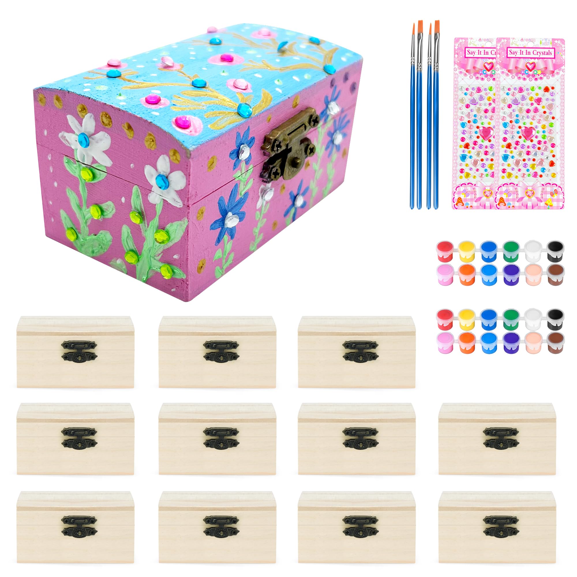 MicoSim 12 PCS Wooden Box,Treasure Chest with 12 Color Paints,12 PCS Unfinished Unpainted Wood Box with 2 Diy Adhesive Drilles,Small Wooden Box for Keepsake Boxes, Jewelry Box