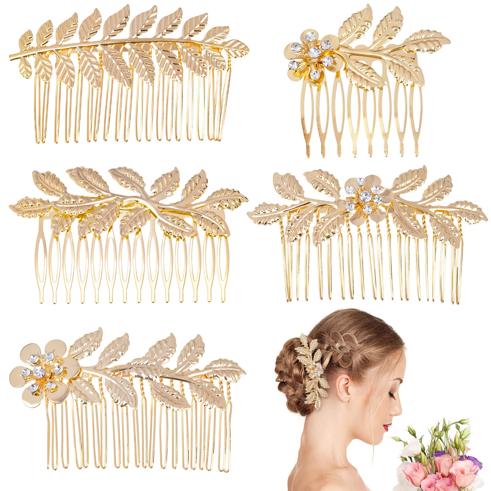 5 Piezas de Accesorios para el Pelo en Oro, Peinetas para el Pelo Metal, Peines Laterales de Pelo para Mujer, Peine del Pelo para Damas Niñas Novia Bodas, Hermoso y Encantador