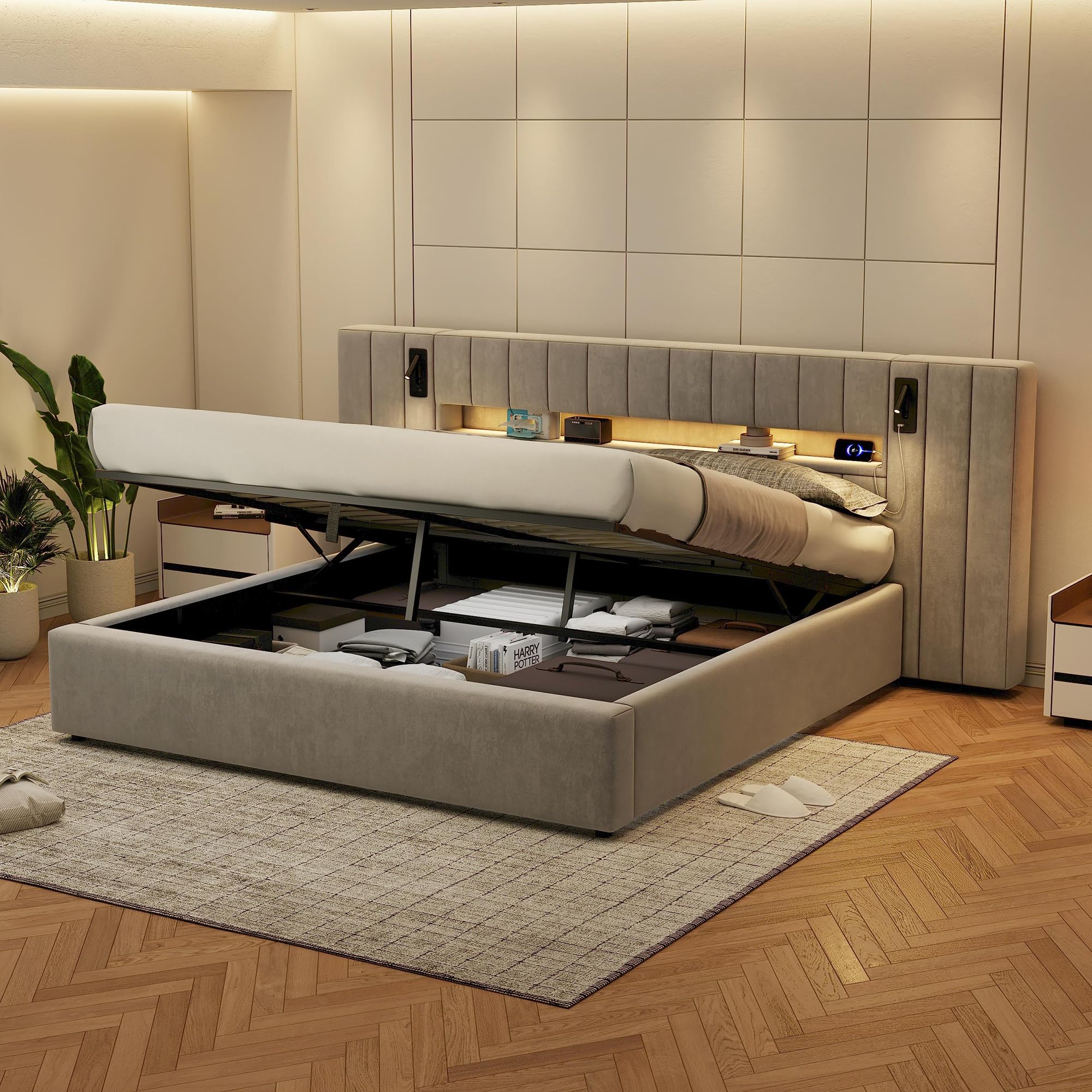 Moimhear Telaio letto imbottito con porta USB, letto matrimoniale, illuminazione a LED, lampada da comodino, con spazio contenitore, senza materasso, in velluto, grigio (180 x 200 cm)