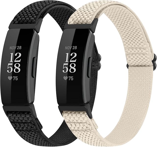 SHIJZWD Adjustable Elastic Watch Strap Compatible with Fitbit Inspire 2/Fitbit Inspire/Inspire HR, Soft Breathable Nylon Sport Band Stretchy Replacement Wristband Women Men (Black+Off-white)