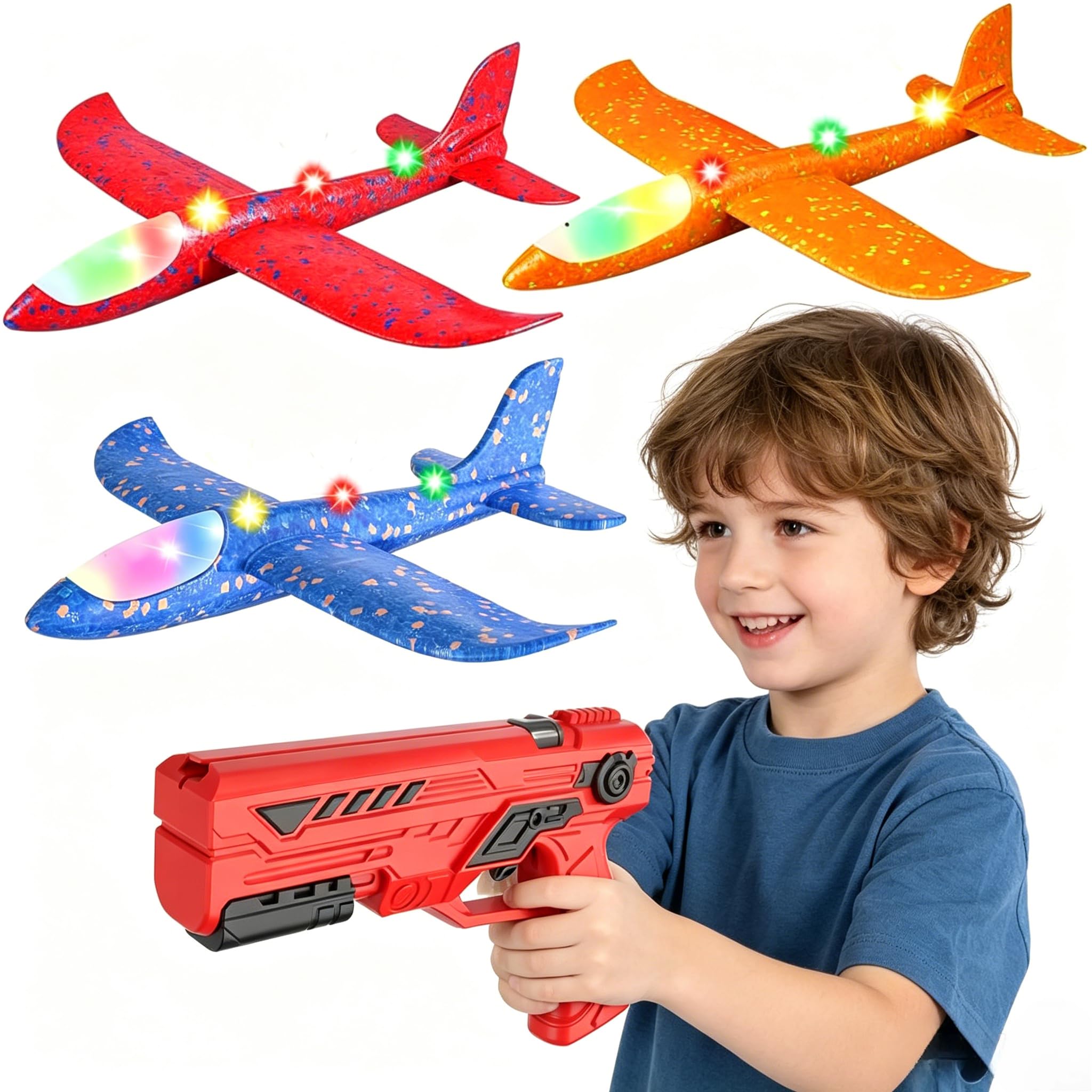 Airplane Launcher Toys, 3 Pack LED Throwing Glider Plane, Catapult Aeroplane Toy with Red Gun, 2 Flight Modes Outdoor Sport Flying Toys for Kids Age 3 4 5 6 7 8 9 Year Old Boys Fun Birthday Gifts A