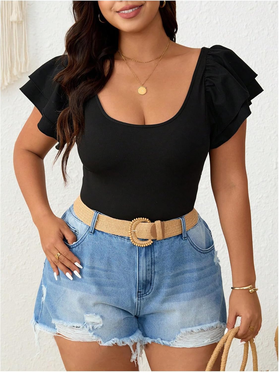 OYOANGLE Women's Plus Size Ruffle Short Sleeve Bodysuits Scoop Neck Slim Fitted Bodysuit Tops - Image 2