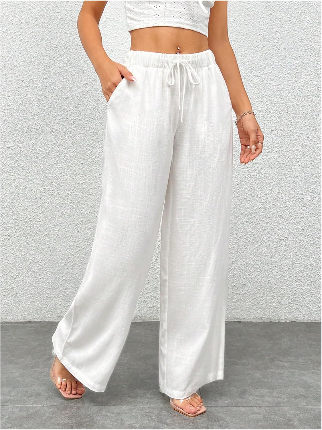 SOLY HUX Women's Drawstring Waist Wide Leg Palazzo Pants Summer Loose Trousers with Pockets
