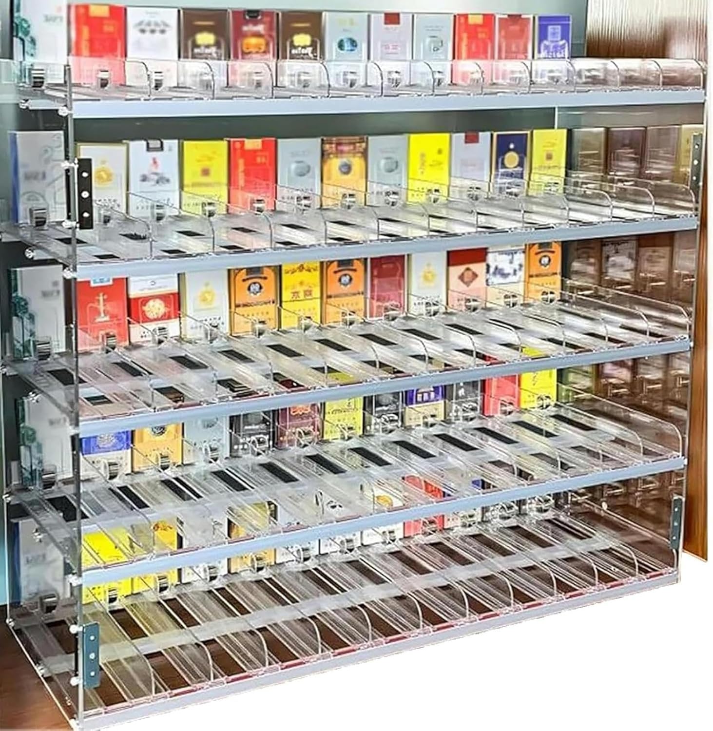 Wall Mounted Portable Acrylic Cigarette Display Rack, Auto Pusher Holder & Matchbook Showcase, Store Retail Organizer for Cigarettes & Accessories