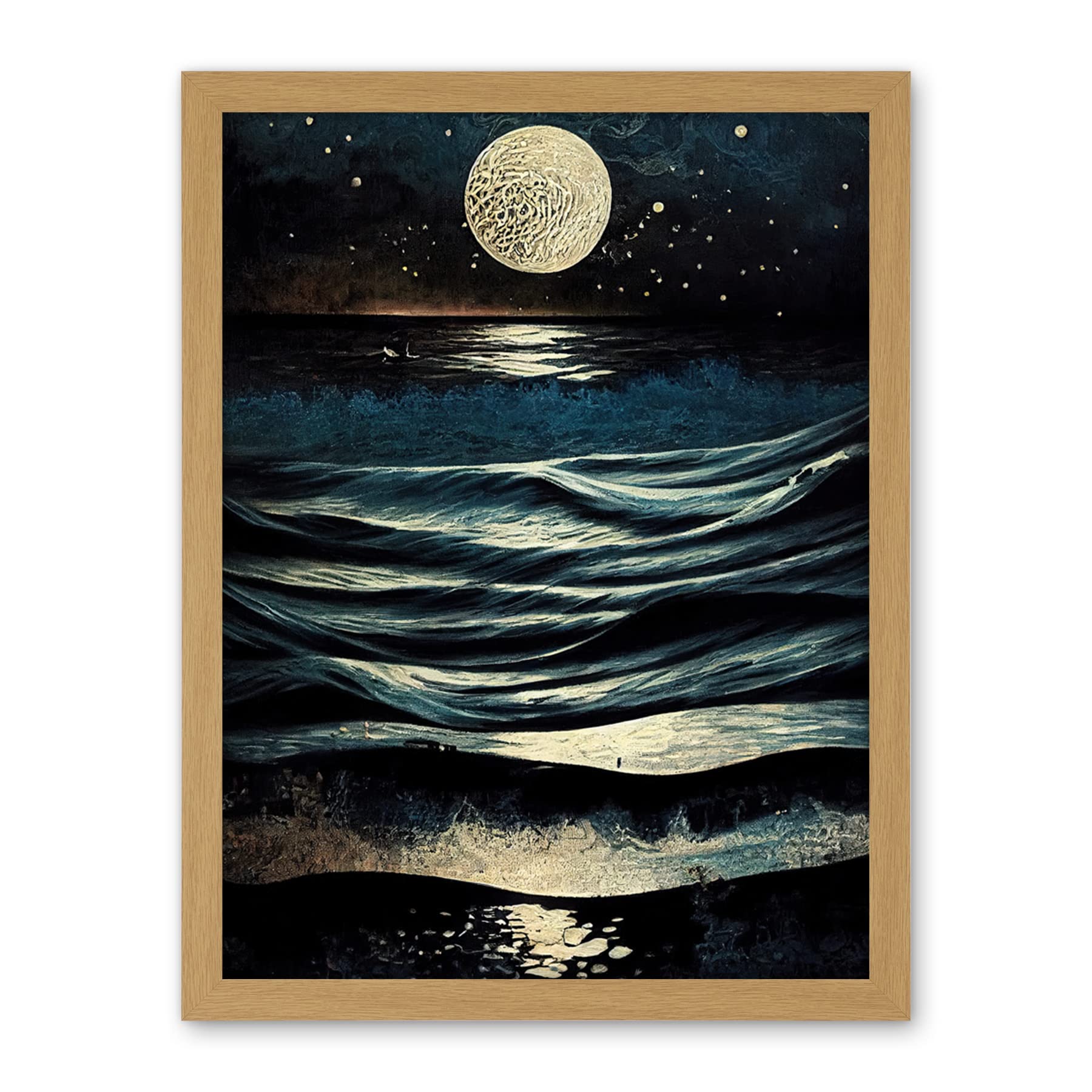 Artery8 Full Moon Rising Over Clear Night Sky Tidal Waves Artwork Framed Wall Art Print 18X24 Inch