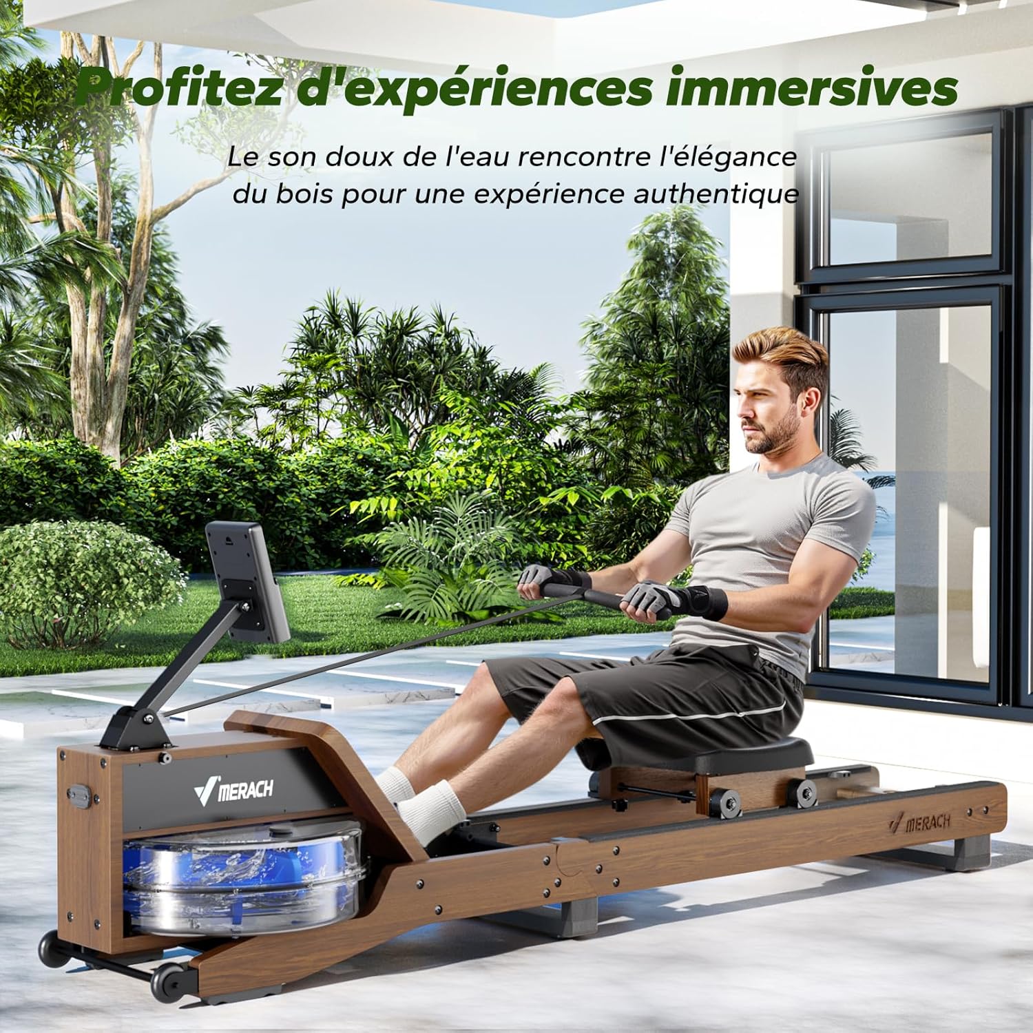 Person using the MERACH R23 Water Rower in a home setting