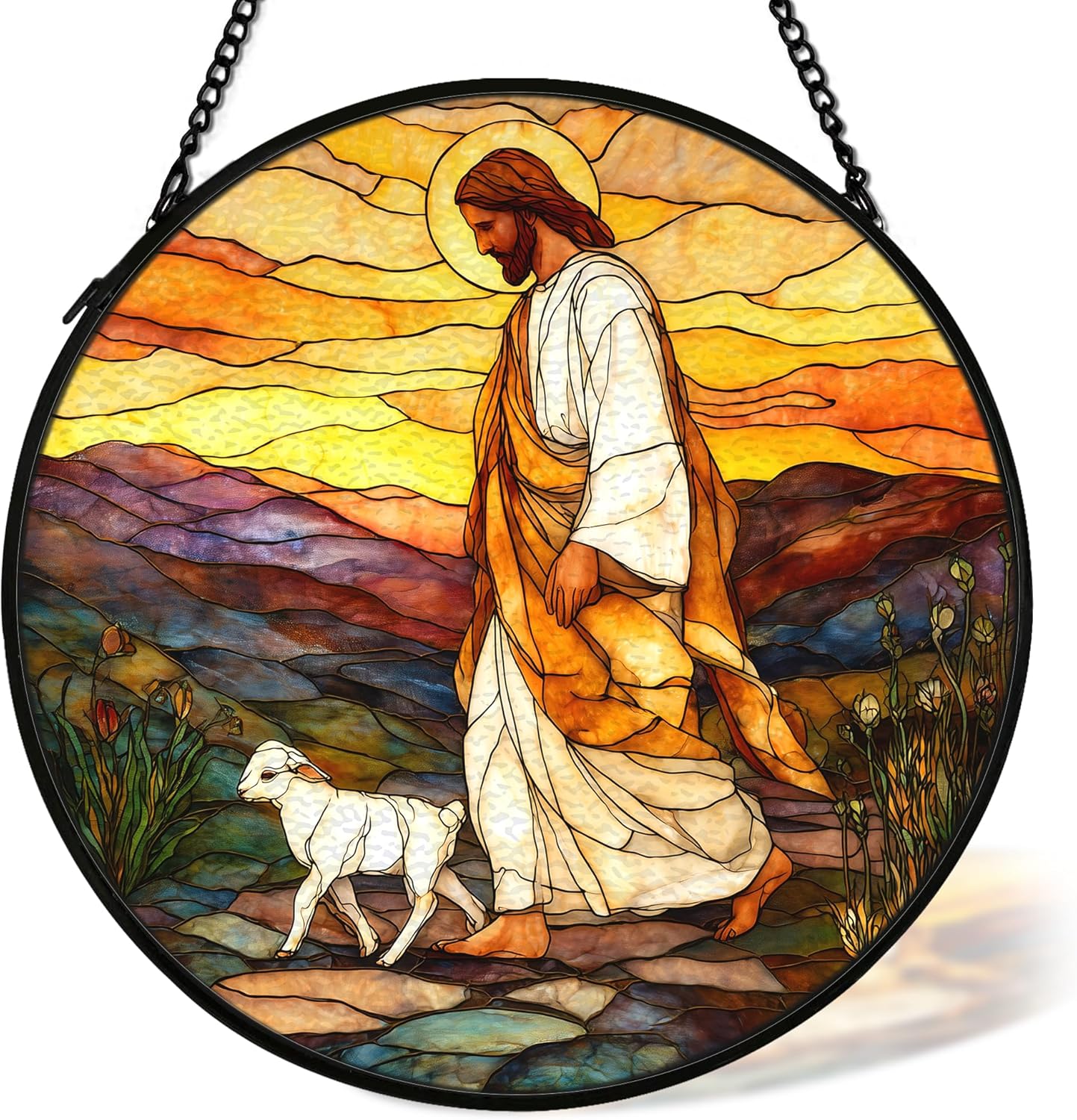 Christian Cross Suncatcher Stained Glass Window Hanging Decor, Christian Sunshine Stained Glass Wall Decor Gifts, Religious Baptism Nature Lawn Garden Sun Catchers Hanging Wall Art, 7.9x7.9 in