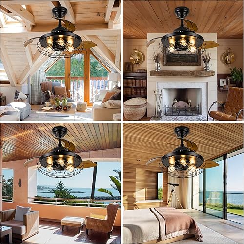 Miniatura 6 de Farmhouse Rustic Ceiling Fan with Lights36inch Black Industrial Caged Ceiling Fan Retractable Ceiling Fans with Light and Remote Control for Indoor