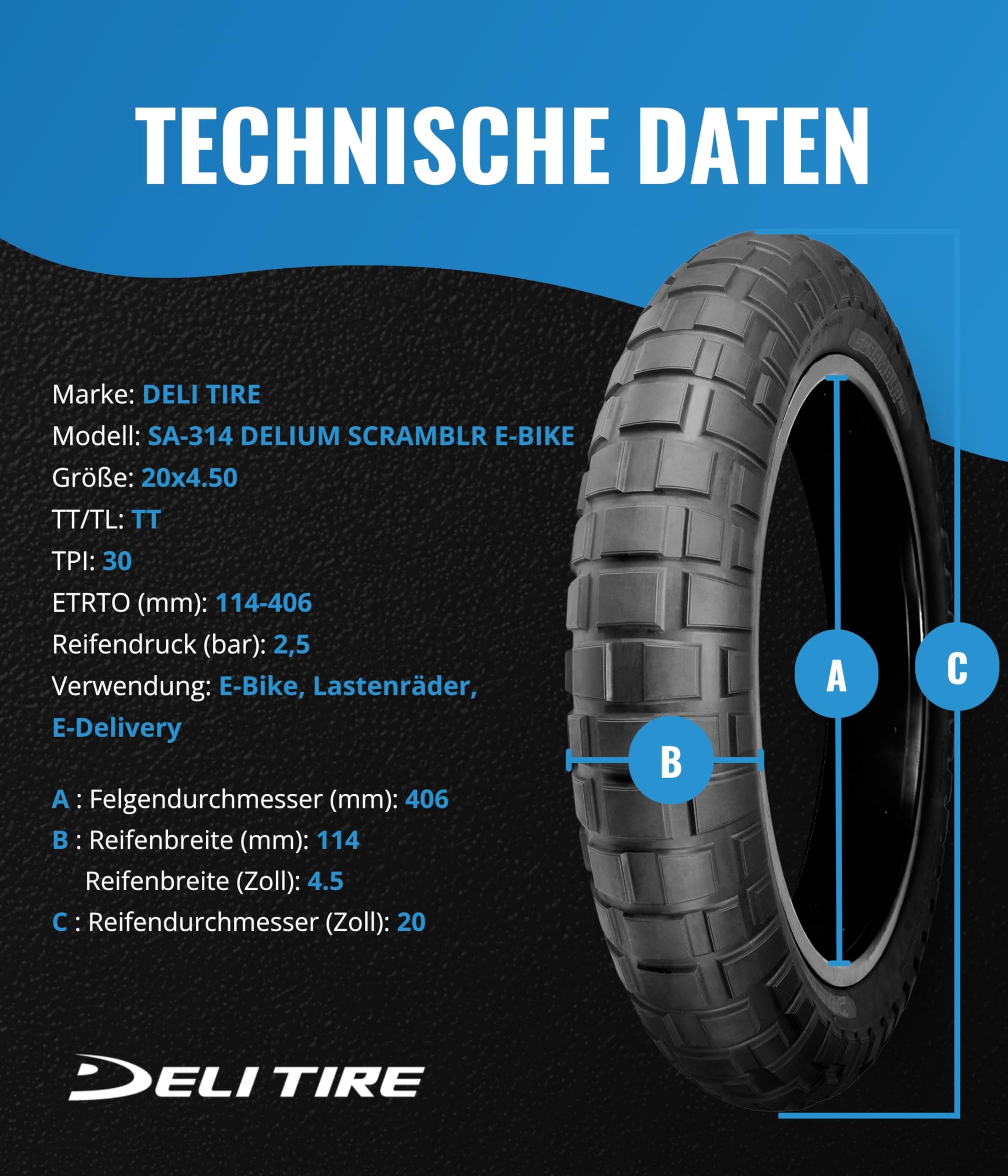 Deli Tire 20 Zoll Reifen für Elektrofahrräder SA-314 Scramblr E-Bike 20x4.50 TT für Vorder- und Hinterrad