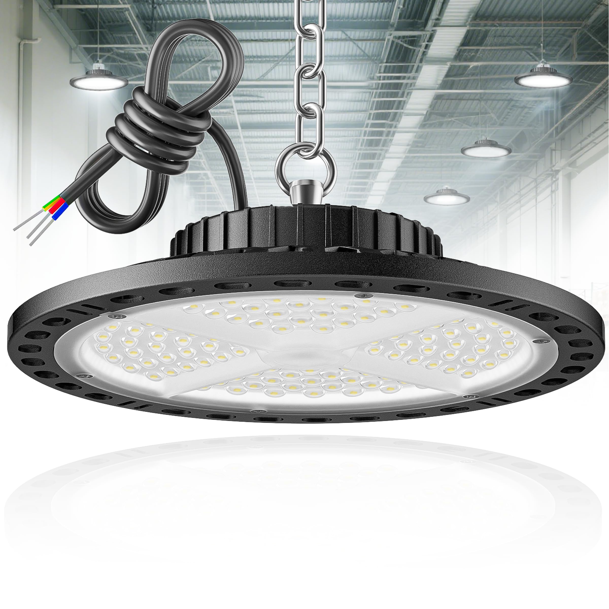 UFO Projecteur LED Industriel 100W 15000LM, 6500K Blanc Froid UFO Lampe Atelier High Bay Lumière, IP65 Étanche Projecteur LED Plafonniers pour Stade Garage Usine Atelier Gymnase