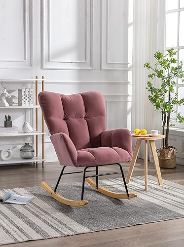 HomSof Silla mecedora tapizada de tela de peluche verde de mediados de siglo moderna para sala de estar y dormitorio color rosa 3