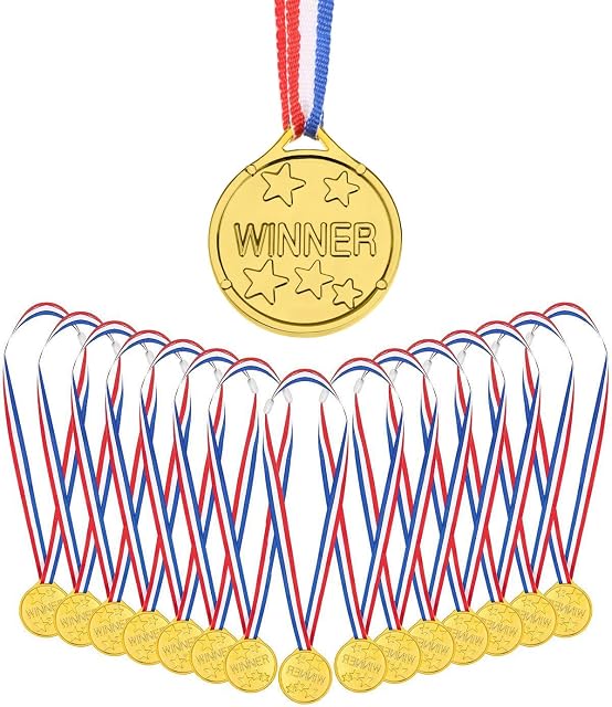 AUERVO 25 Pieces Gold Plastic Winner Medals Kids Children's Party Award Medals with Neck Ribbons for Kids Sports Prizes Party Favors