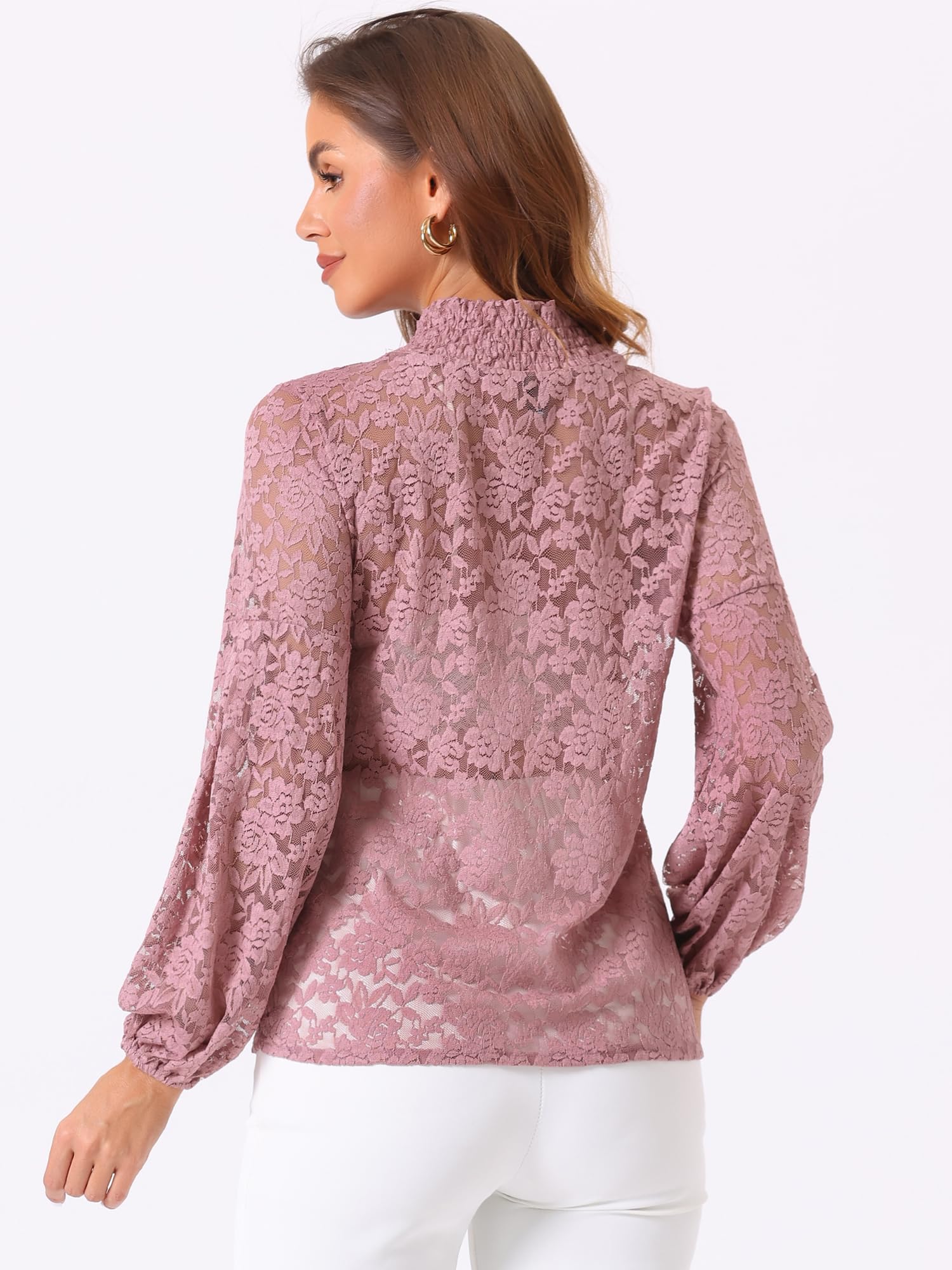 Allegra K Damen Spitze Spitzenbluse Langarm Stehkragen Rüschen Blumen Top Bluse