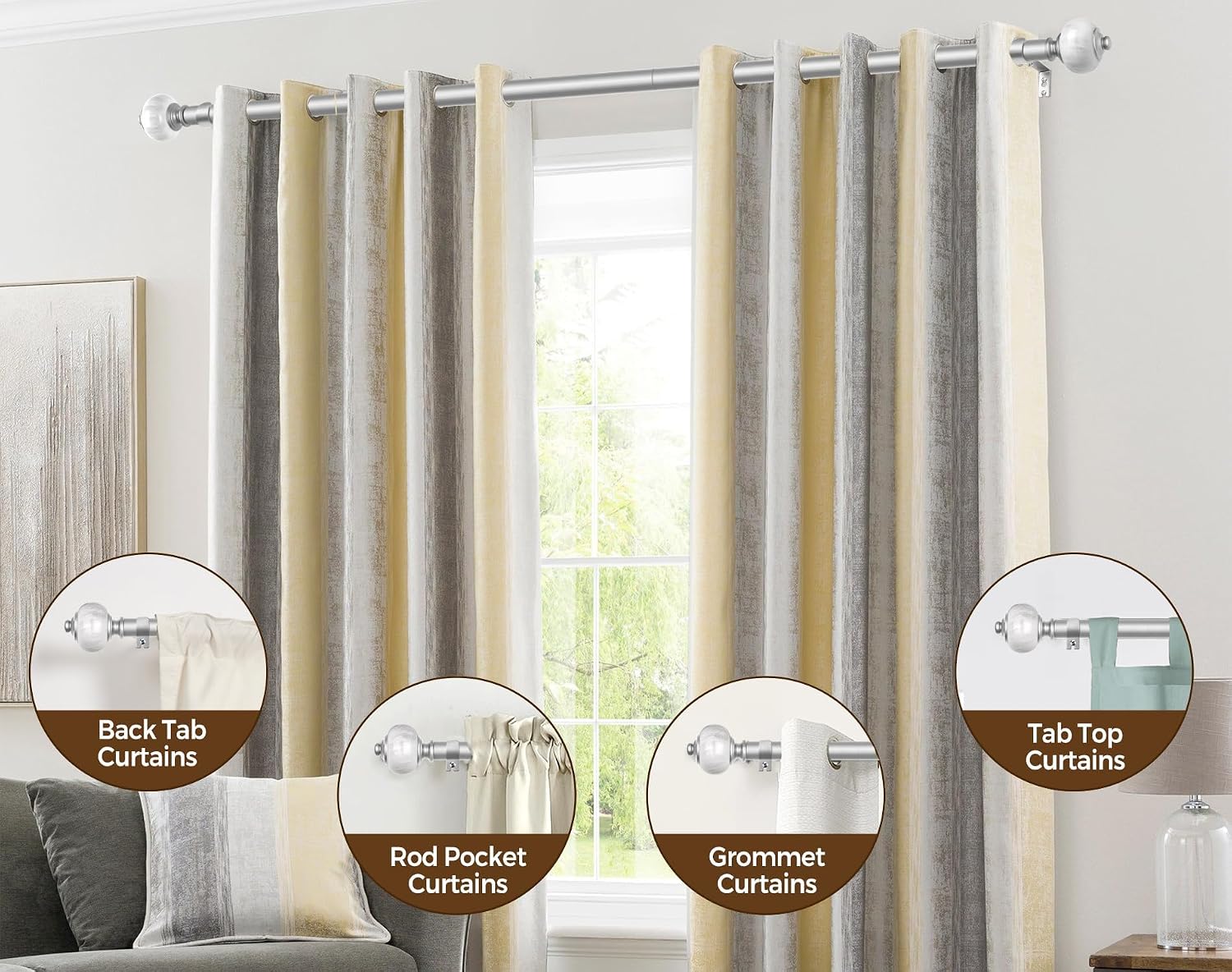 KAMANINA Bundle of 32-144" Silver Single Curtain Rod with Marble Ends and White Curtain Rings with Clips 20 Pack, with Interior Diameter 1.5 In image 4