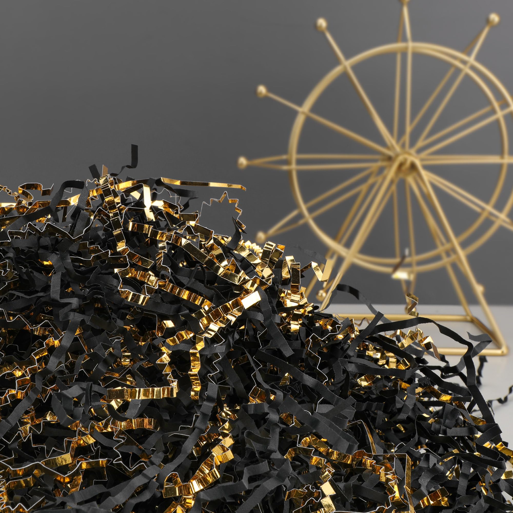 TCAIRG Crinkle Cut Paper Shred Filler (2 LB) for Gift Wrapping & Basket Filling - Black & Gold