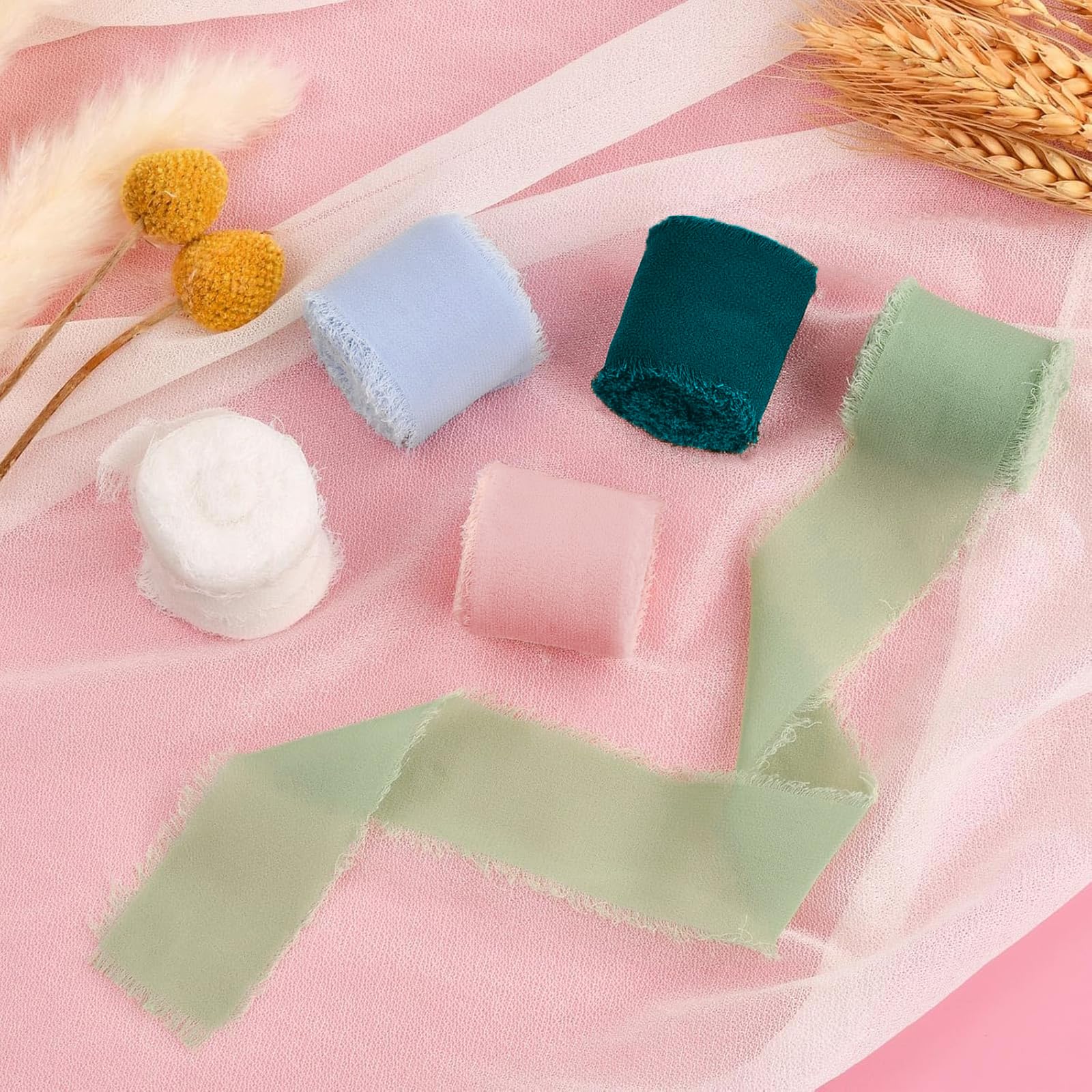 Set 3 Nastri In Chiffon Con Frange Fatte A Mano – Verde Erba, 3,8 Cm X 7 M, Per Bouquet, Inviti, Fai Da Te