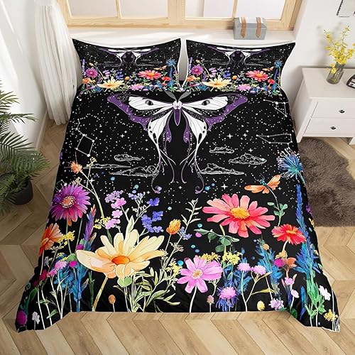 Erosebridal Juego de ropa de cama bohemio con diseño de polilla de sol y luna, color negro y blanco, funda de edredón gótica de calavera de azúcar y