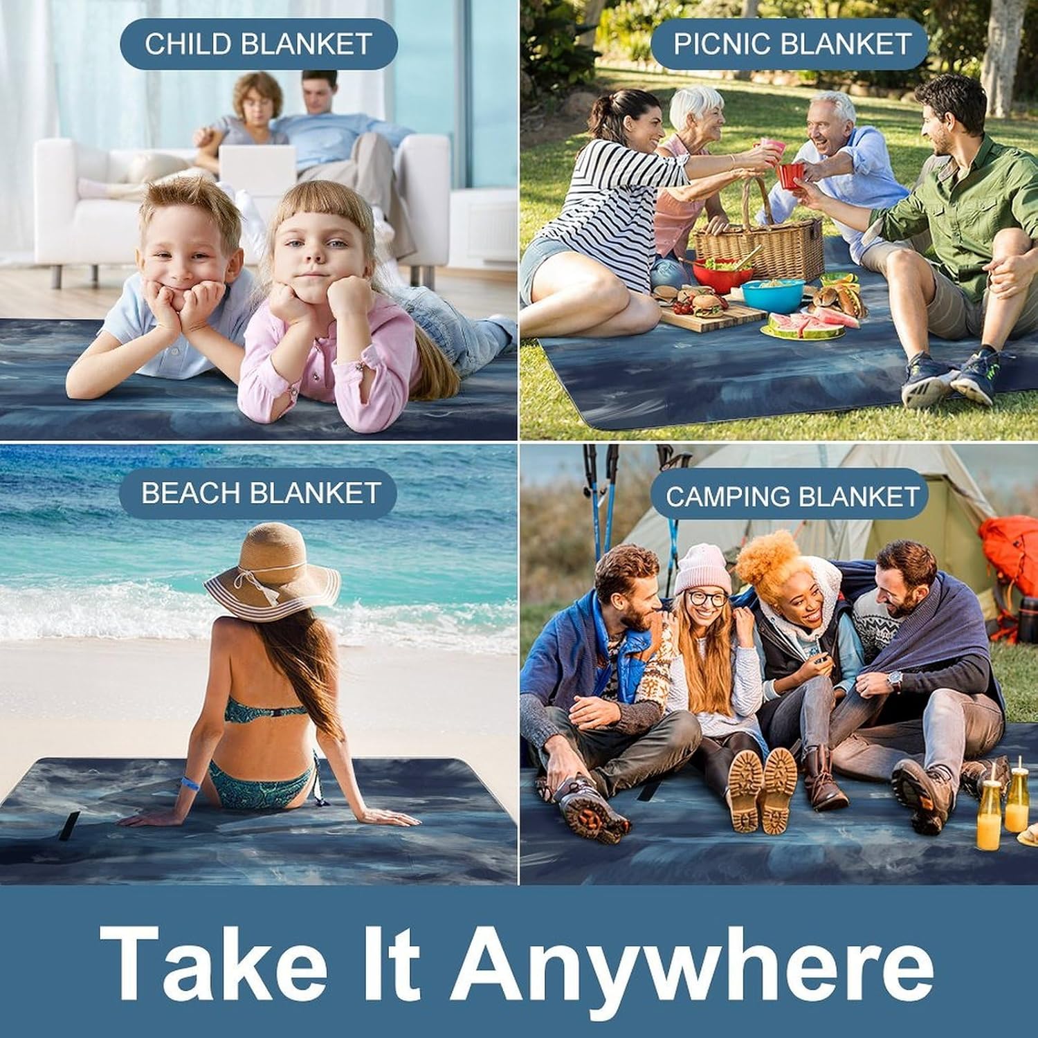 Abstract Blue Waterproof Picnic Blanket 58.3''x58.3'',Portable and Foldable Picnic Mat with Handle,Outdoor Blankets for Lawn Park Beach Travel