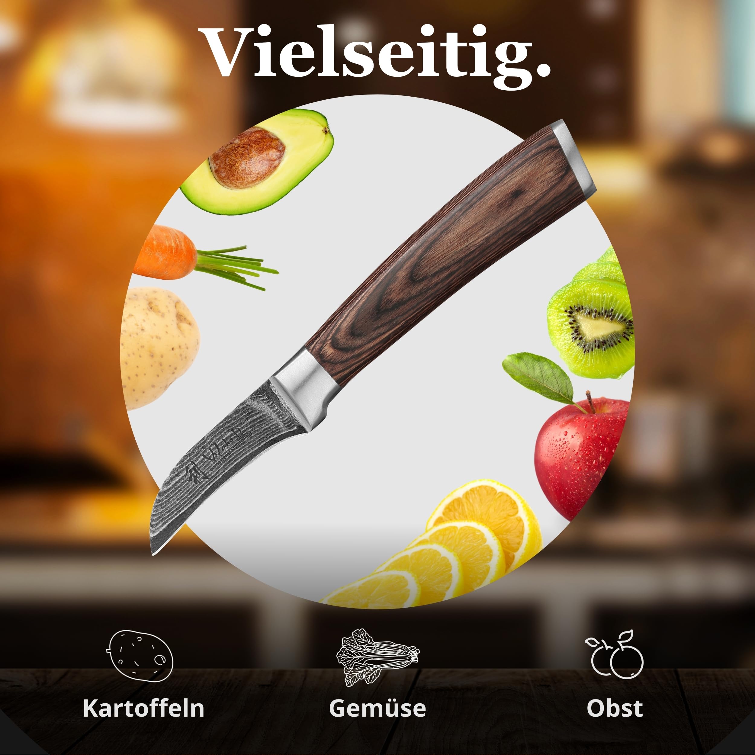 Wakoli EDIB Schälmesser Damaststahl VG10 Kern 6 cm gebogene Klinge Pakkaholzgriff Geschenkbox