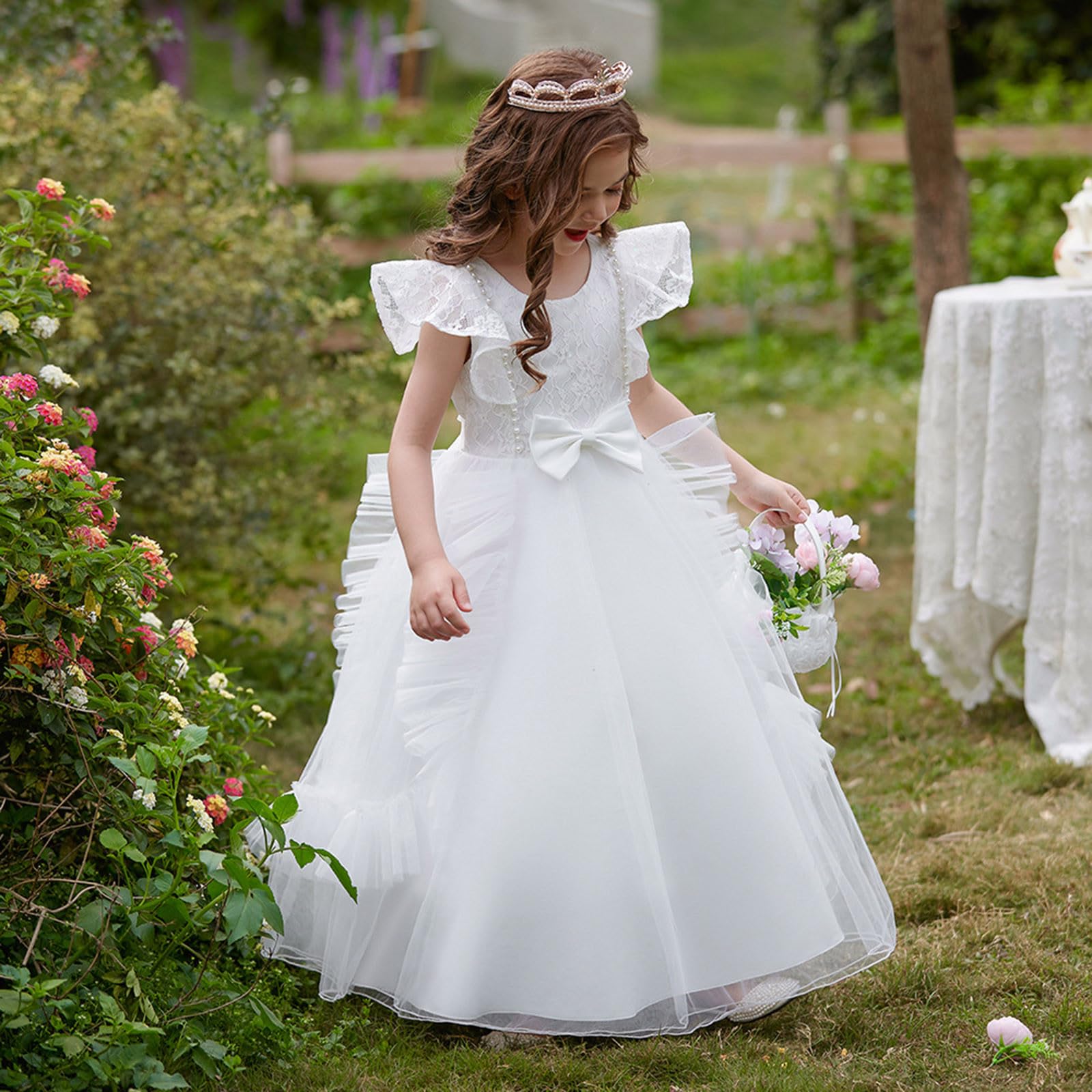 Generisch Kinder Kinder Mädchen Sommer Ärmellose Spitze Bowknot Mesh Lange Prinzessin Kleid Klavier Leistung Kleid